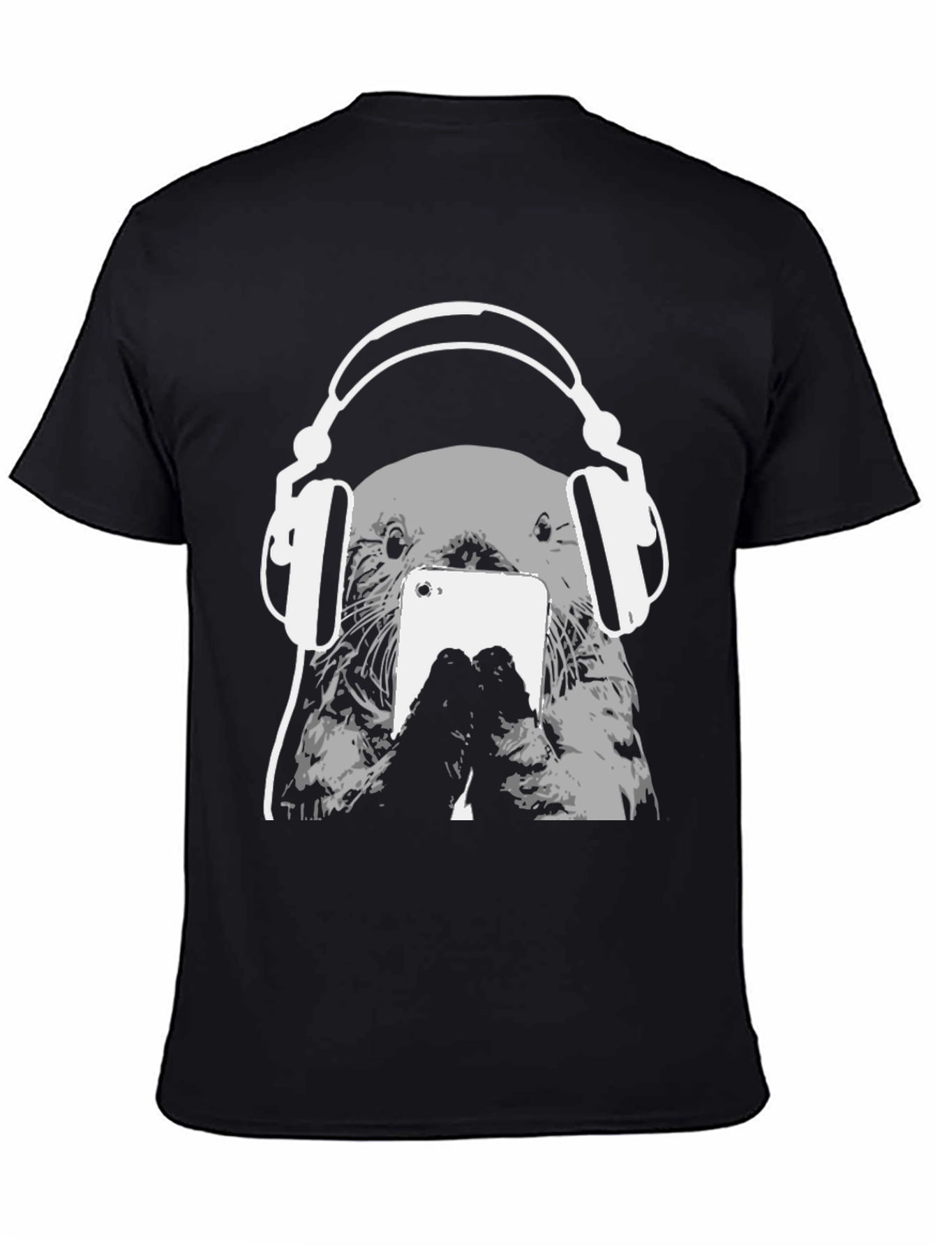 Otter with Headphones Black T-Shirt