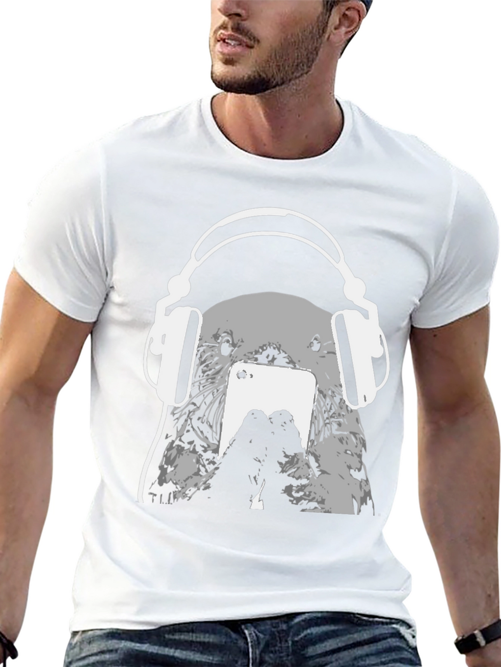 Otter with Headphones Black T-Shirt