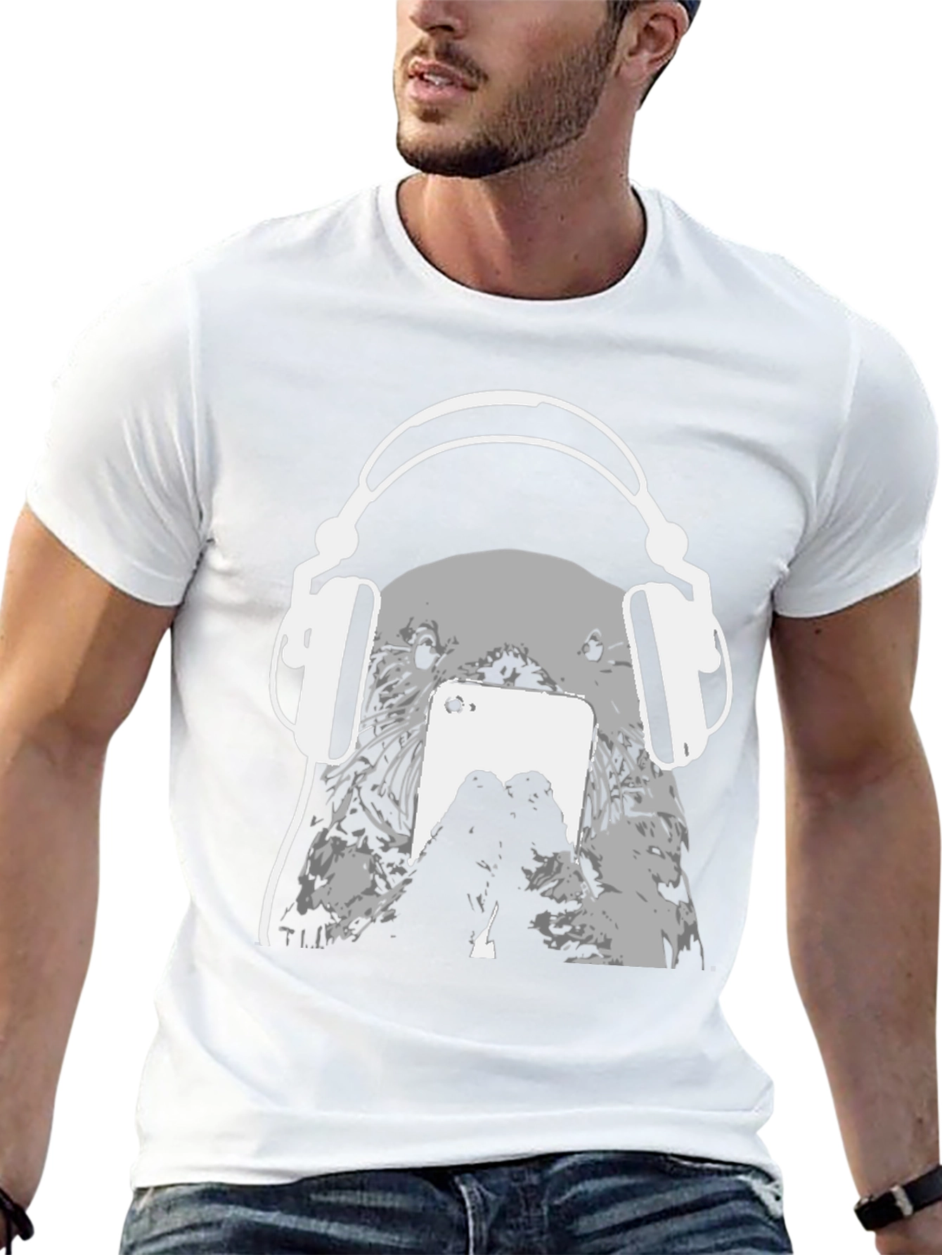 Otter with Headphones Black T-Shirt