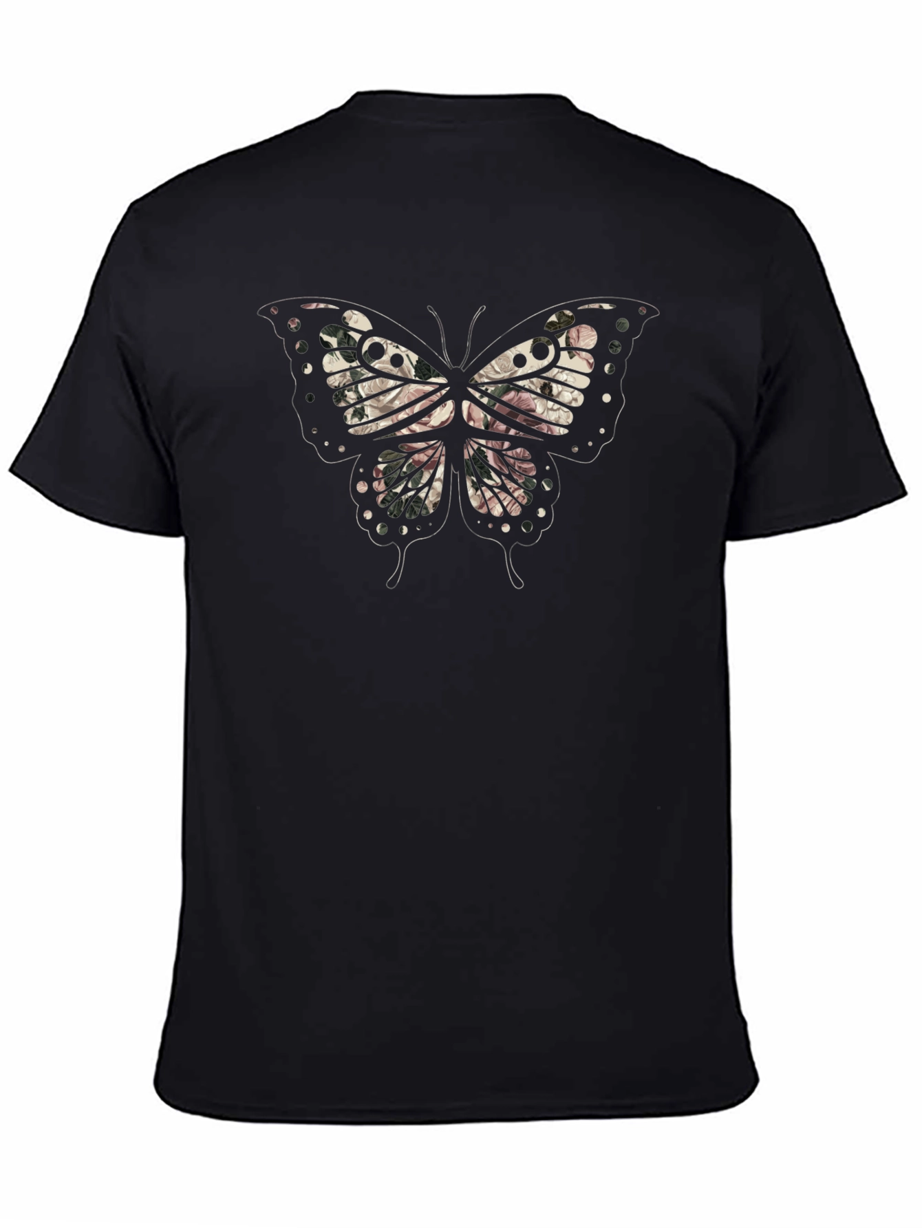 Floral Butterfly Graphic Mens Black T-Shirt