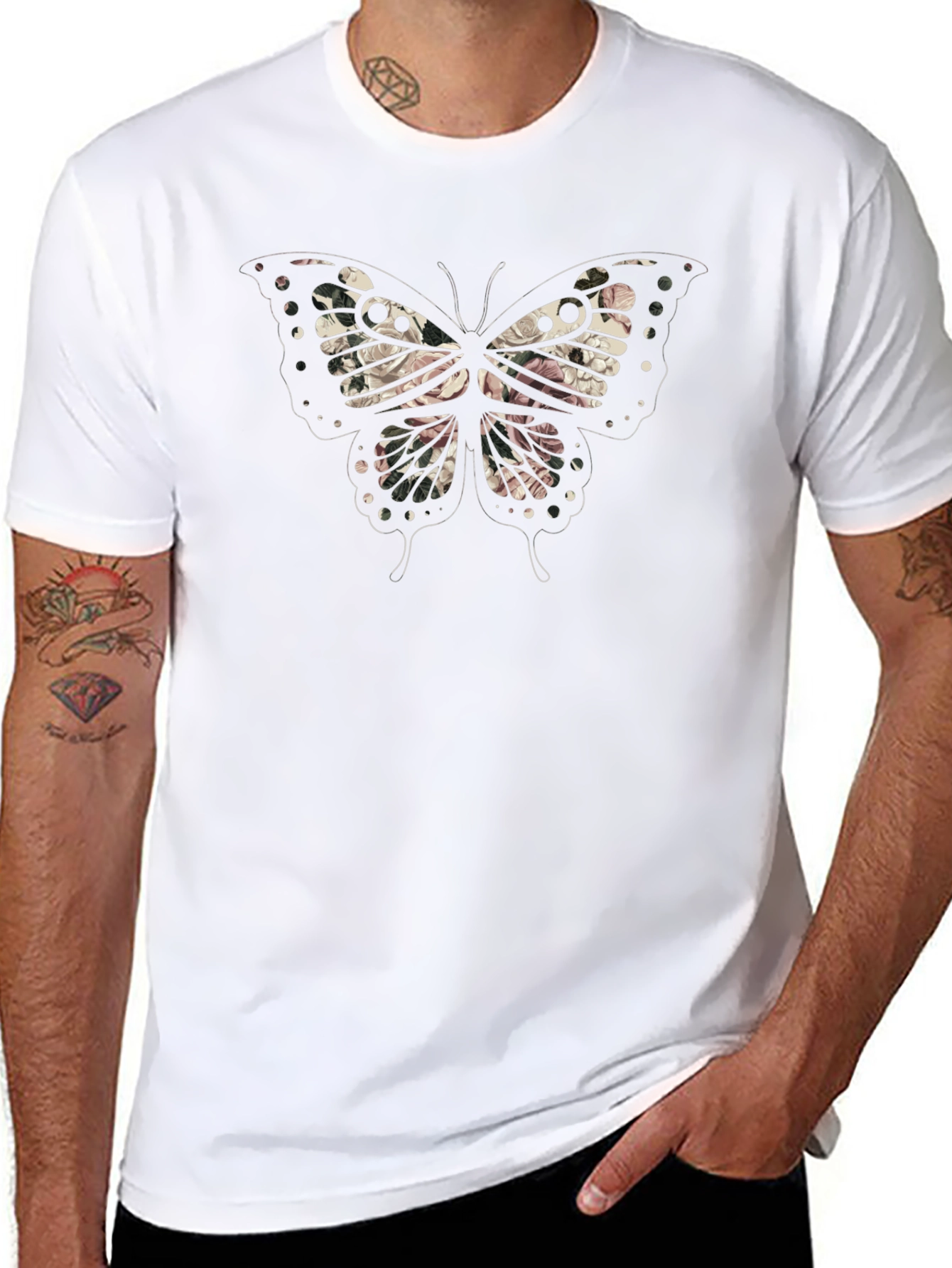 Floral Butterfly Graphic Mens Black T-Shirt