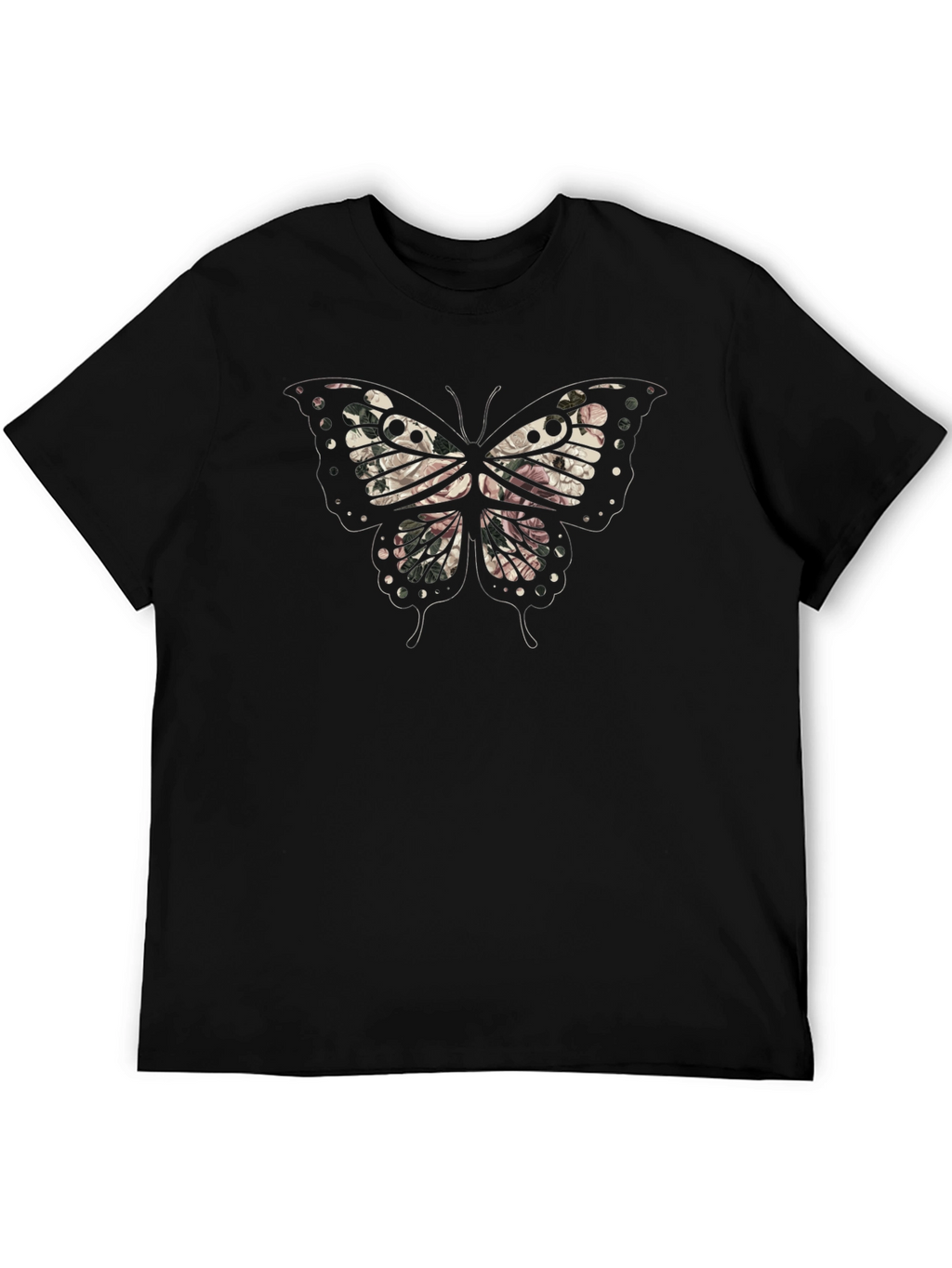 Floral Butterfly Graphic Mens Black T-Shirt