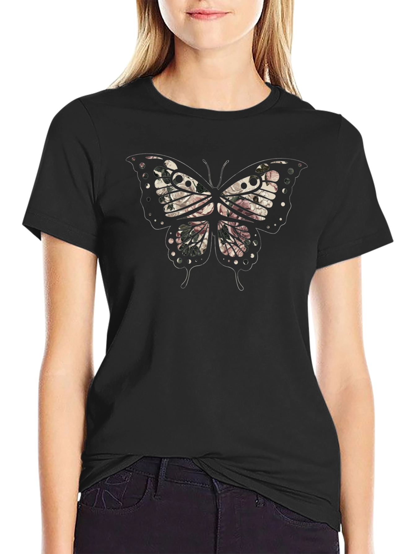 Floral Butterfly Graphic Mens Black T-Shirt