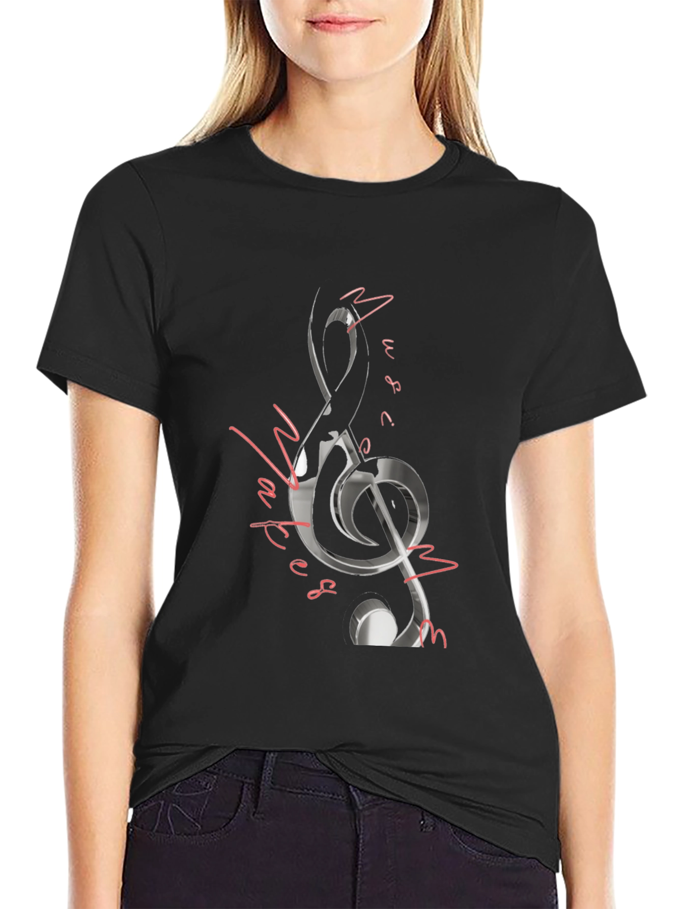 Music Notes Graphic Tee - Black Cotton Blend