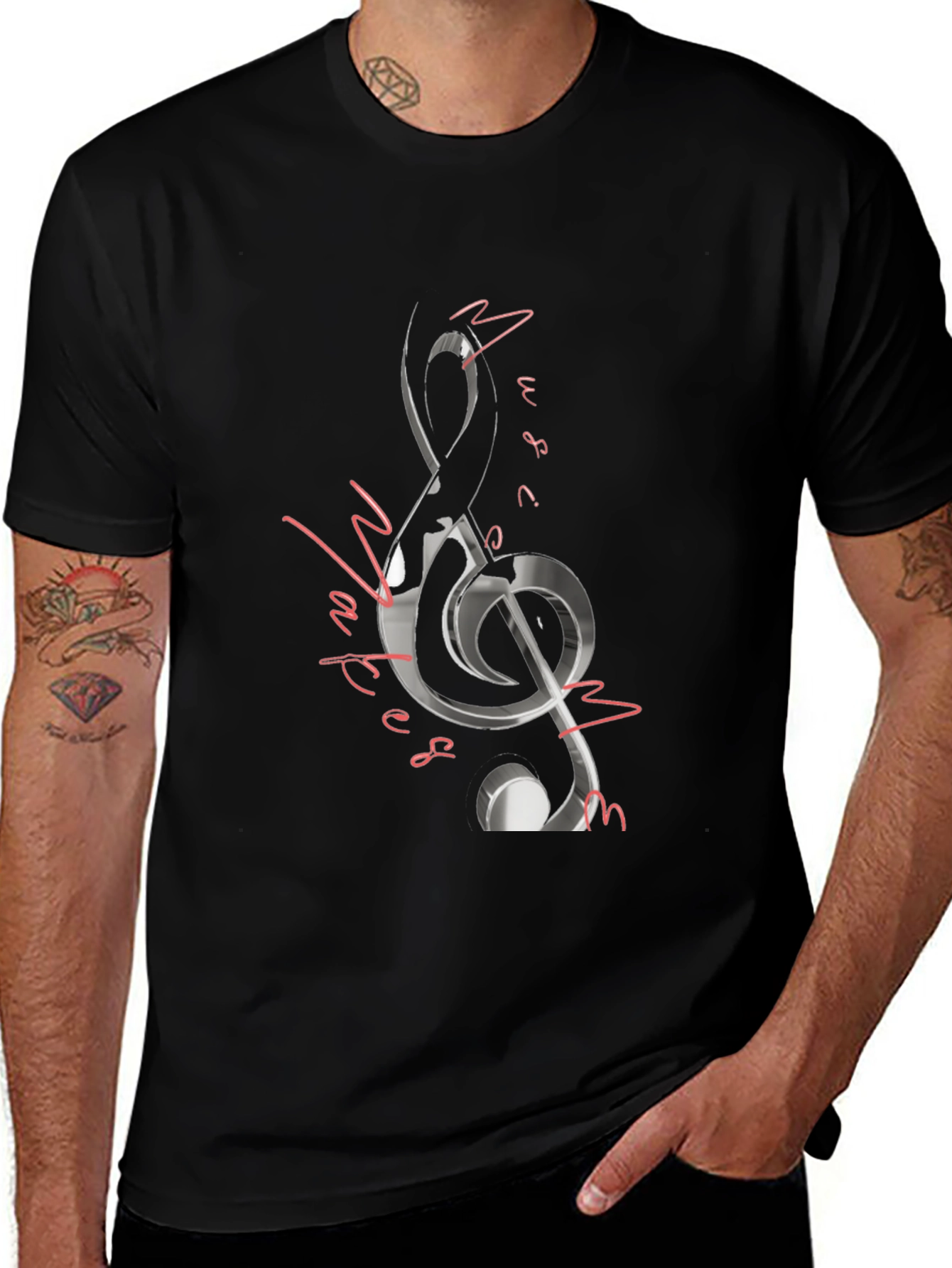 Music Notes Graphic Tee - Black Cotton Blend