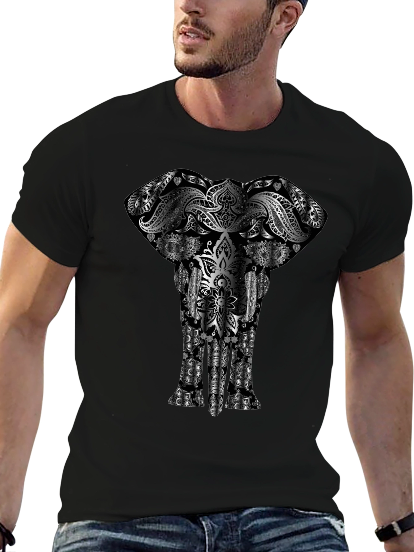Elephant Mandala Graphic Tee - Black Cotton Comfort