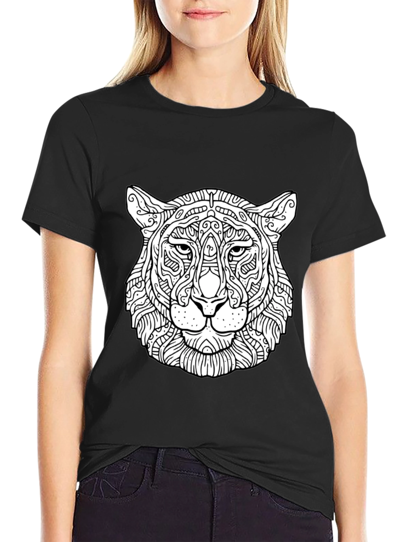 Abstract Tiger Head Graphic Black T-Shirt