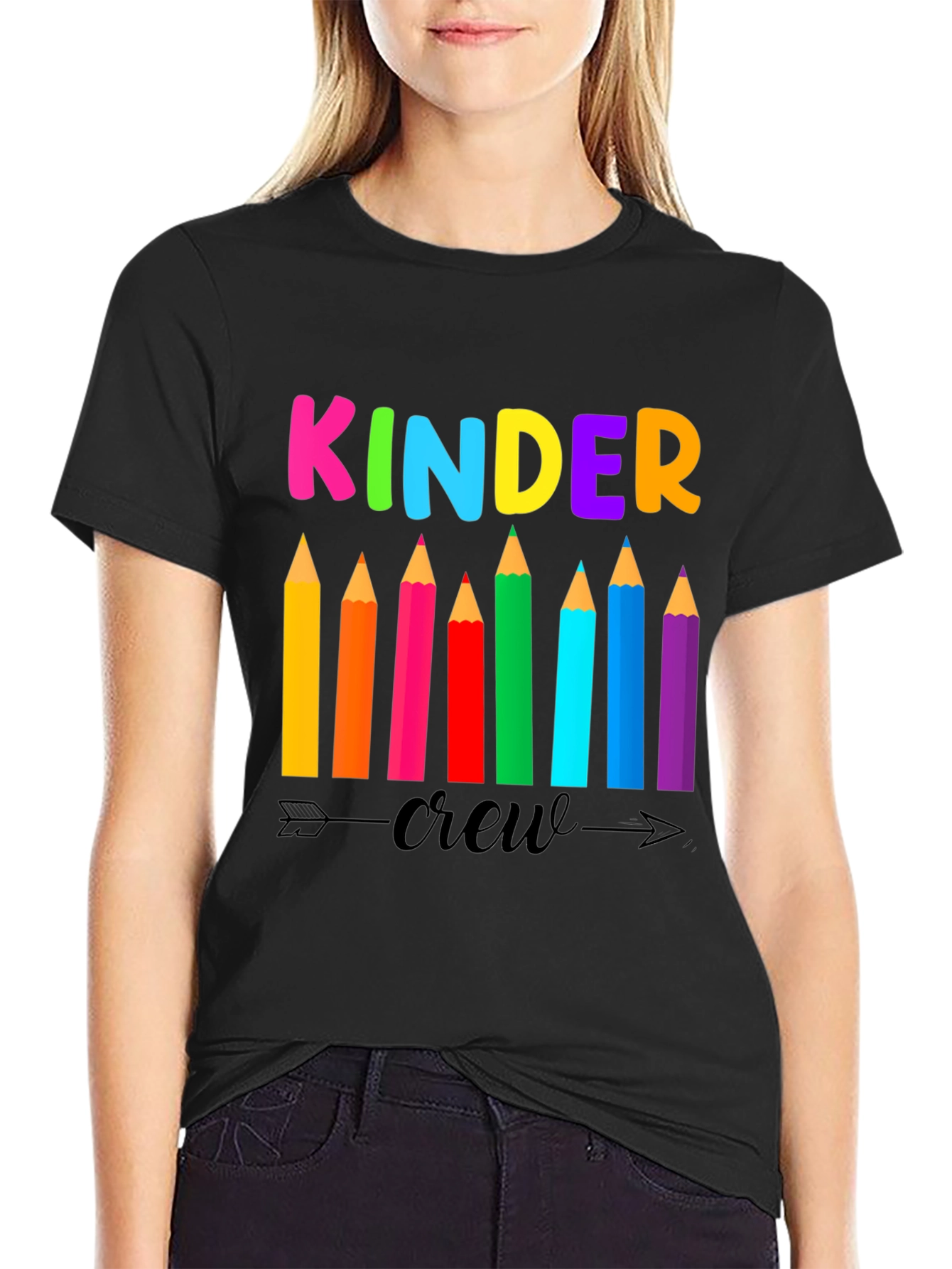 Kinder Crew Teacher T-Shirt - Colorful Pencils
