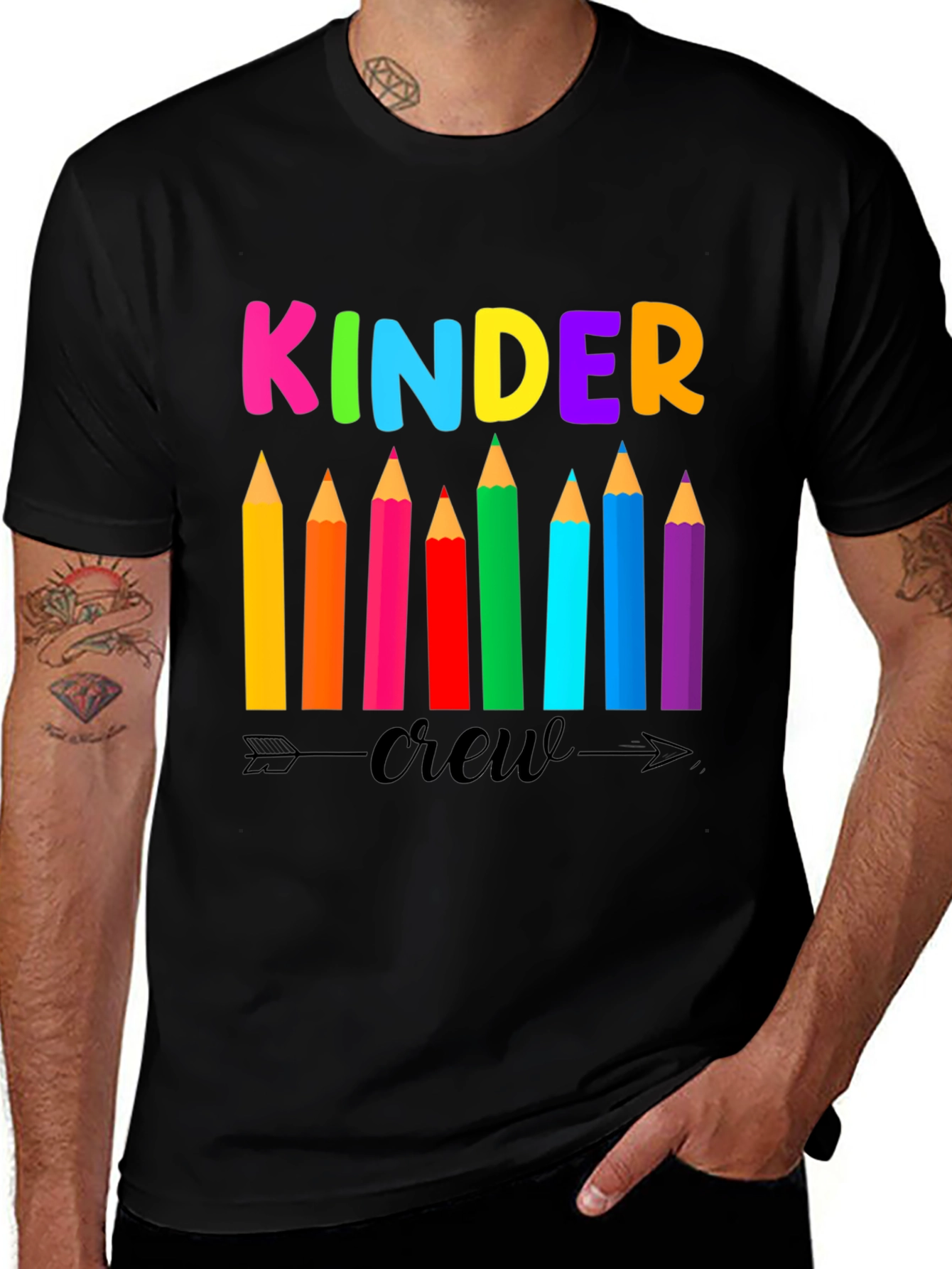Kinder Crew Teacher T-Shirt - Colorful Pencils
