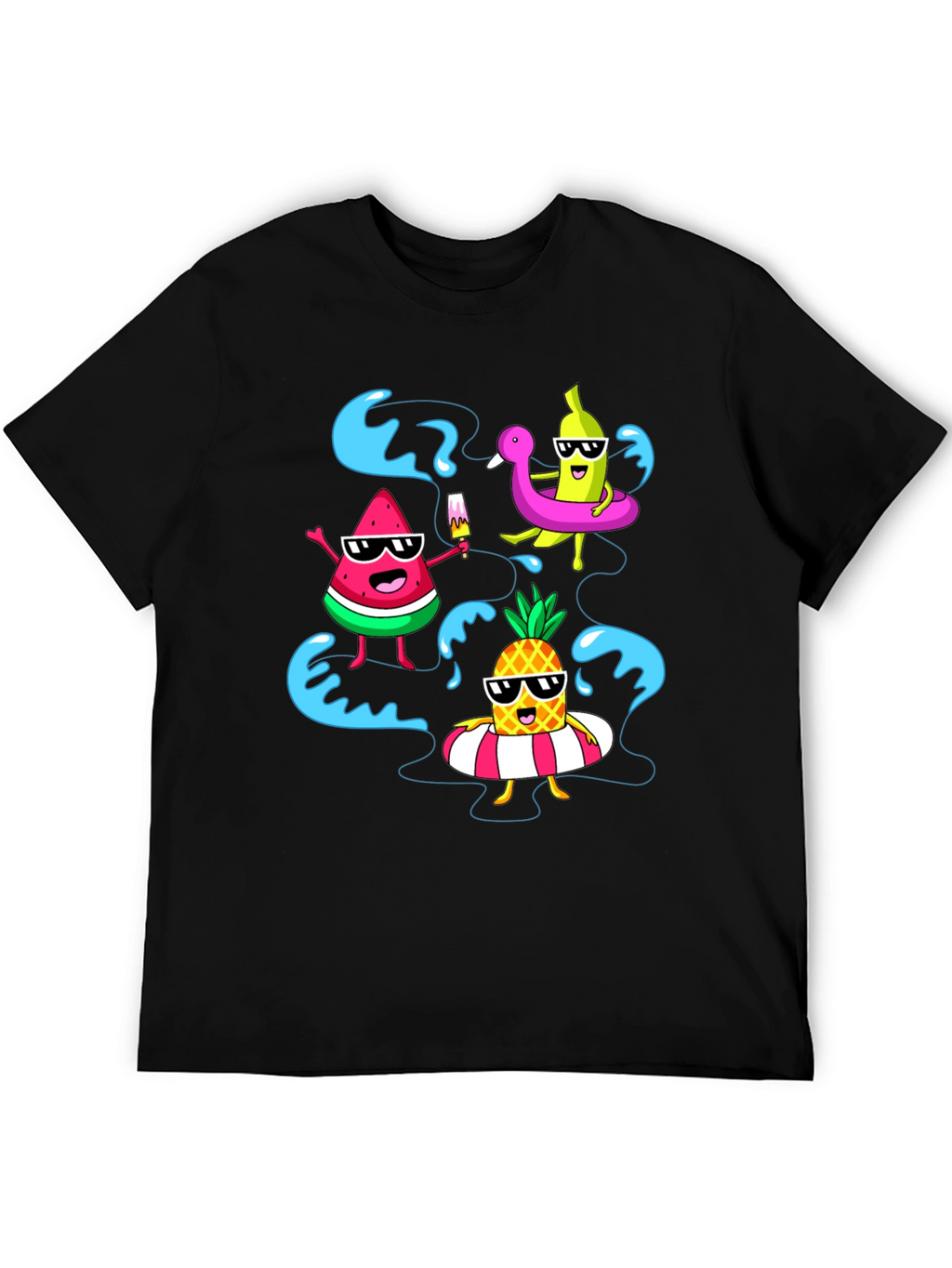 Summer Fruits Cartoon Graphic Black T-Shirt