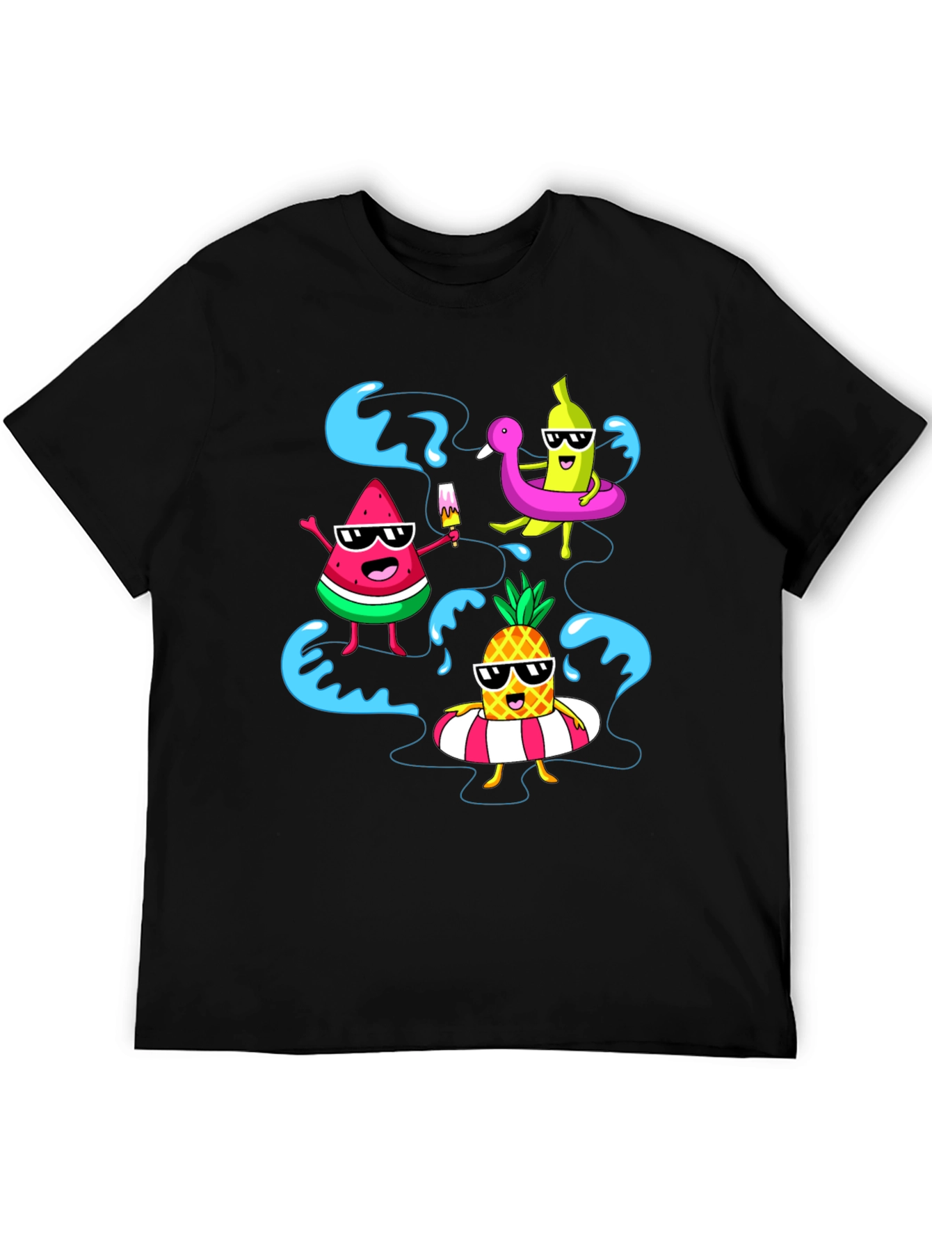 Summer Fruits Cartoon Graphic Black T-Shirt