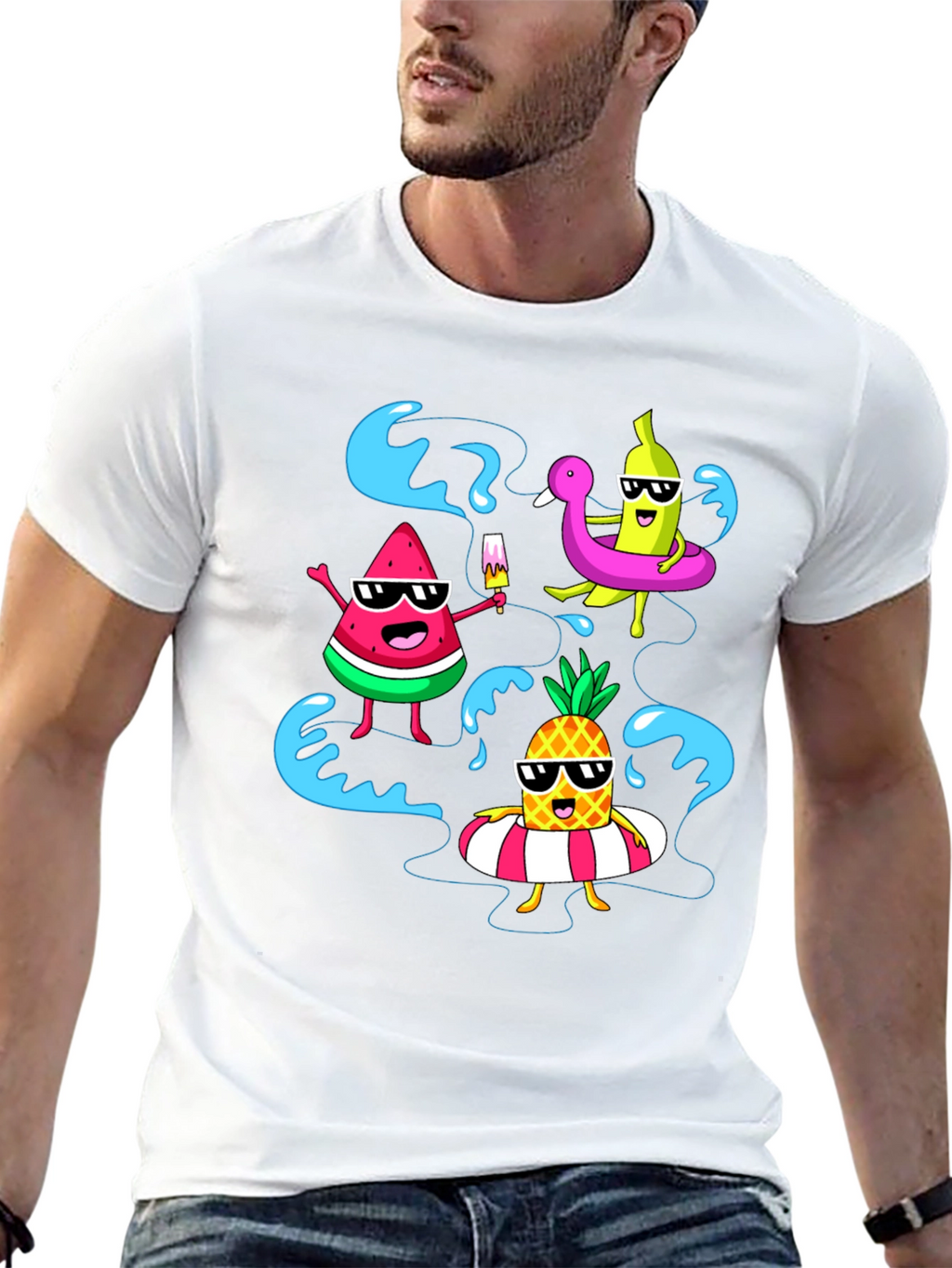 Summer Fruits Cartoon Graphic Black T-Shirt