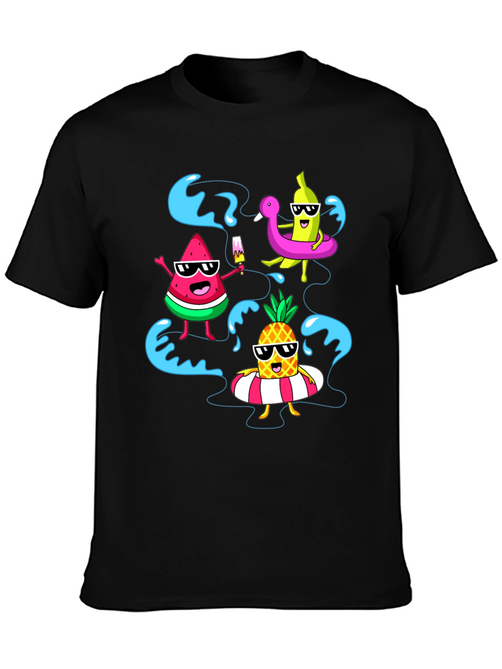 Summer Fruits Cartoon Graphic Black T-Shirt