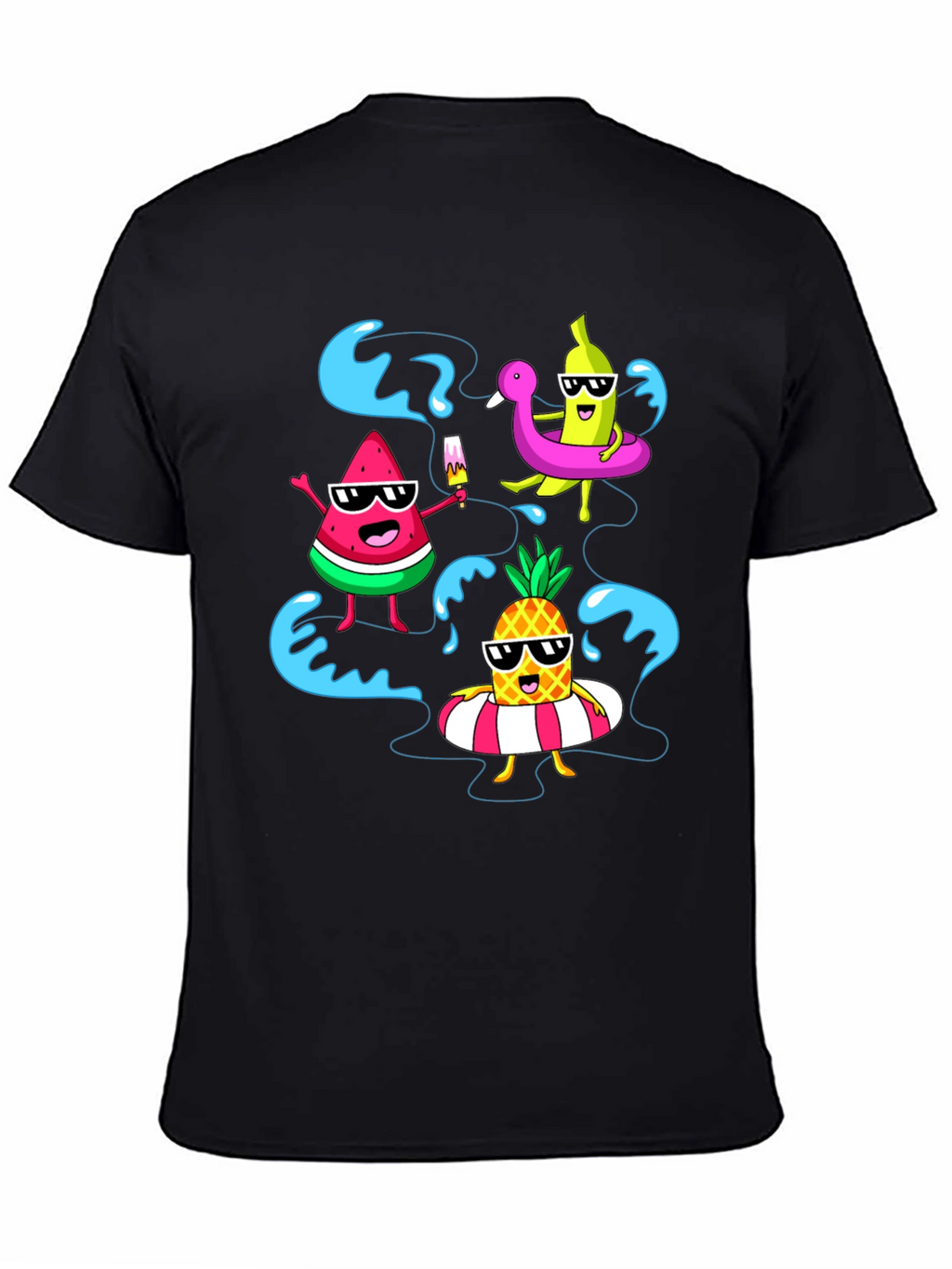 Summer Fruits Cartoon Graphic Black T-Shirt