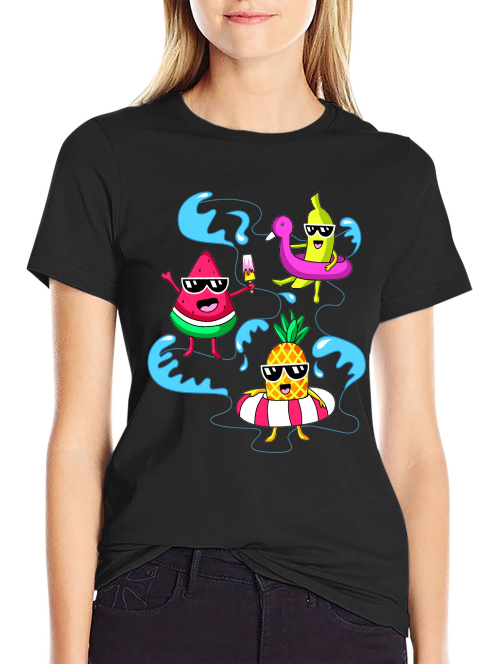 Summer Fruits Cartoon Graphic Black T-Shirt