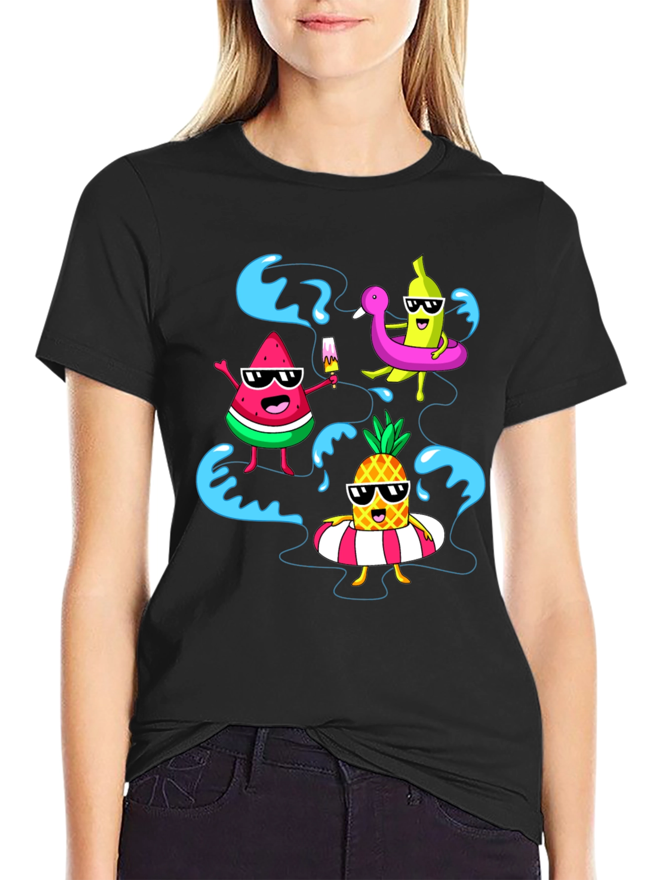 Summer Fruits Cartoon Graphic Black T-Shirt