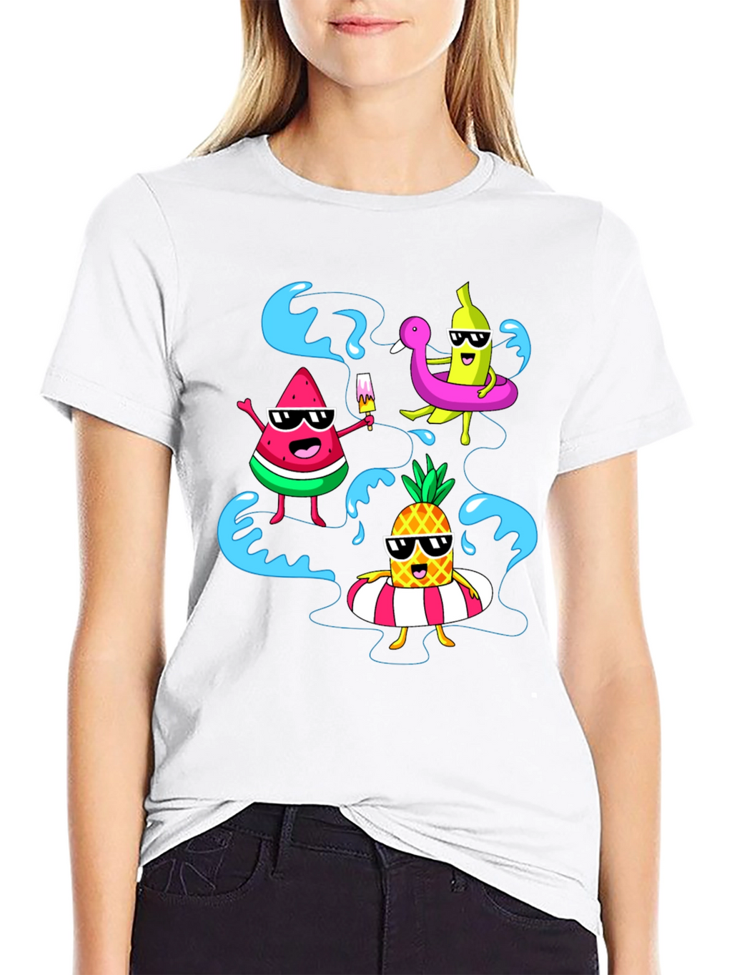 Summer Fruits Cartoon Graphic Black T-Shirt
