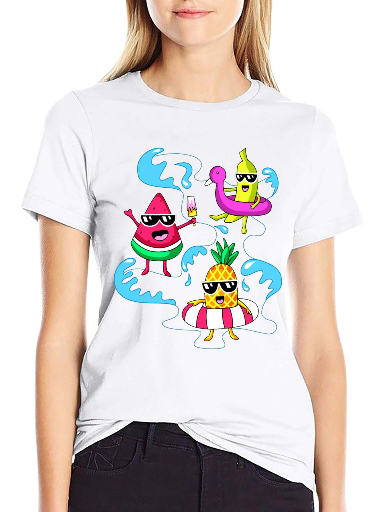 Summer Fruits Cartoon Graphic Black T-Shirt