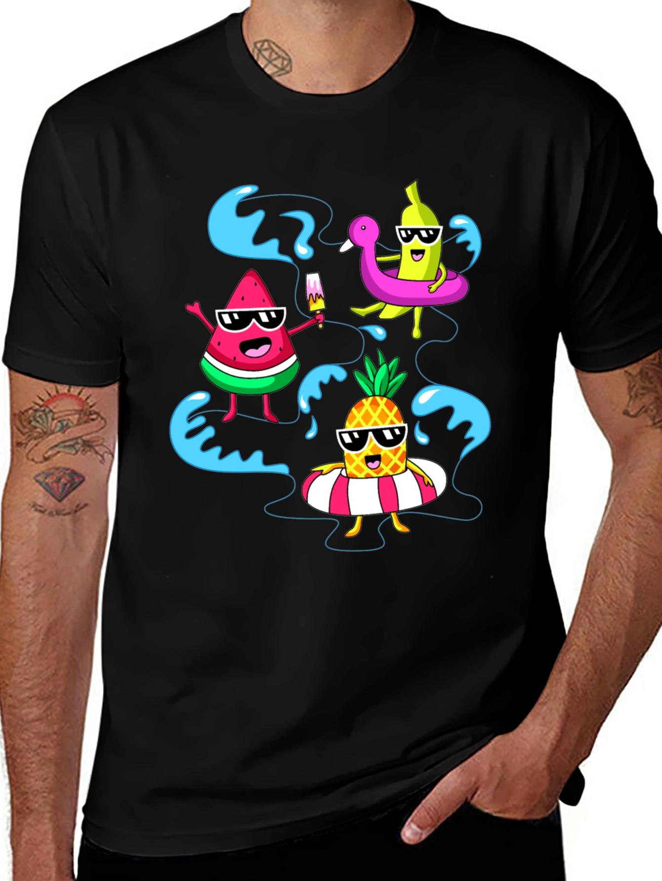 Summer Fruits Cartoon Graphic Black T-Shirt