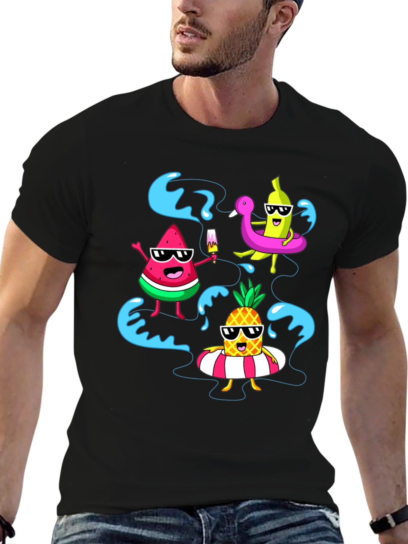 Summer Fruits Cartoon Graphic Black T-Shirt