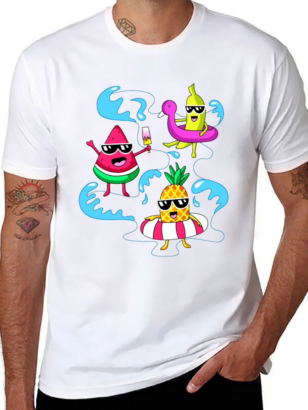 Summer Fruits Cartoon Graphic Black T-Shirt