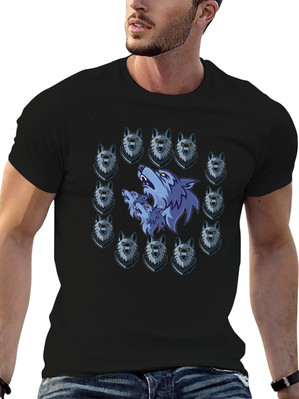 Wolf Pack Graphic Print Black T-Shirt
