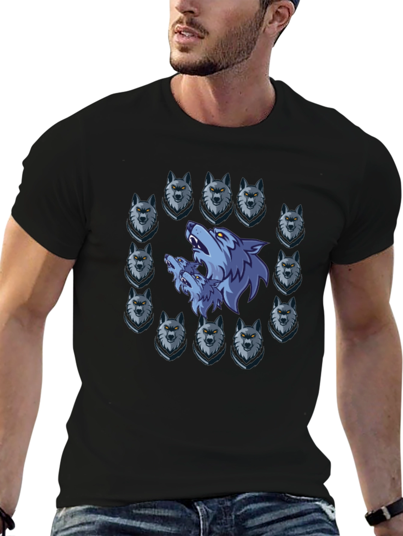 Wolf Pack Graphic Print Black T-Shirt