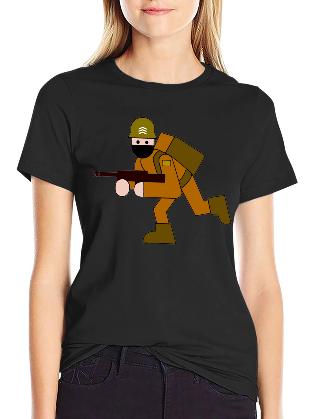 Cartoon Soldier Graphic Tee - Black Cotton Blend