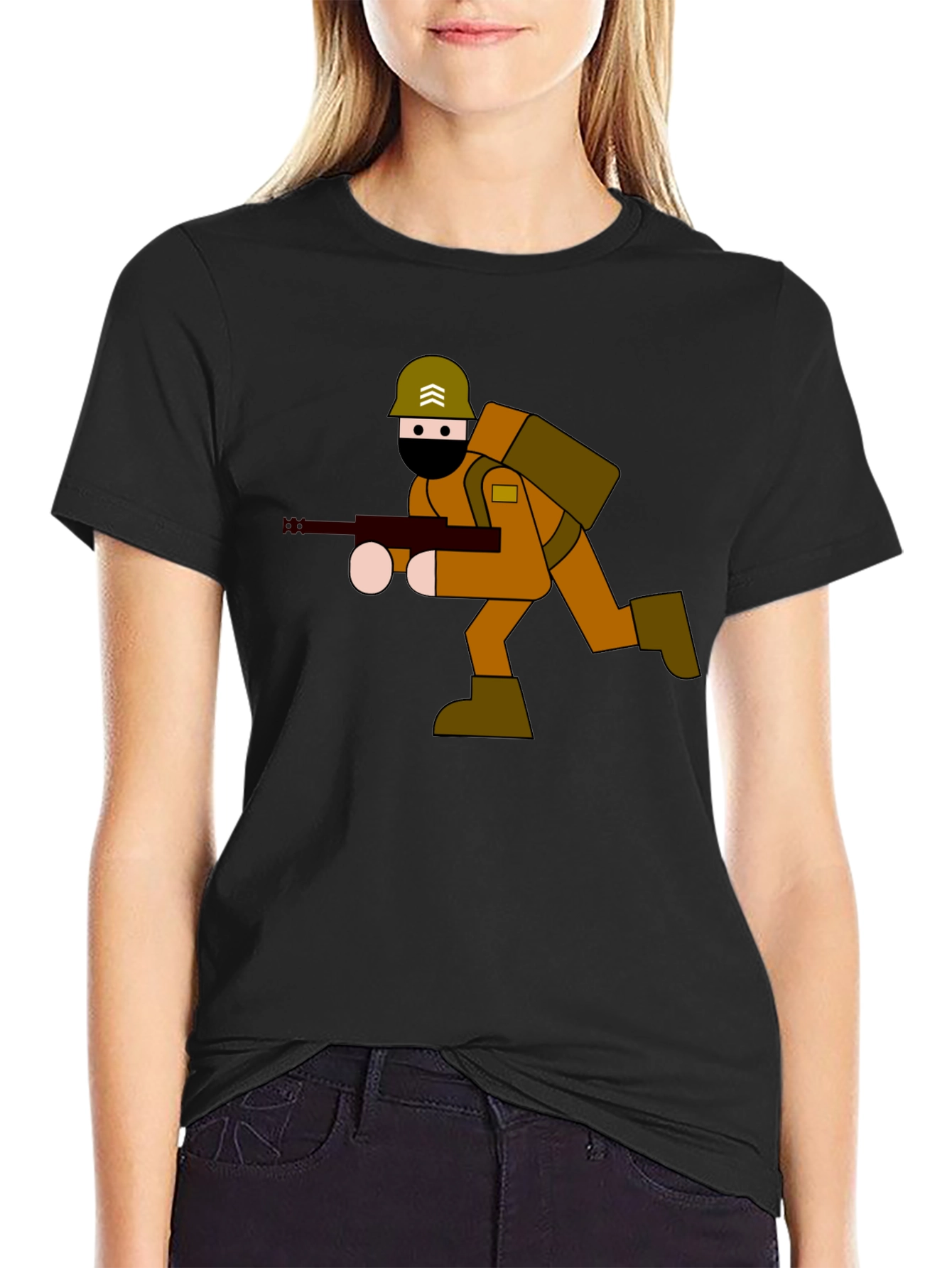 Cartoon Soldier Graphic Tee - Black Cotton Blend