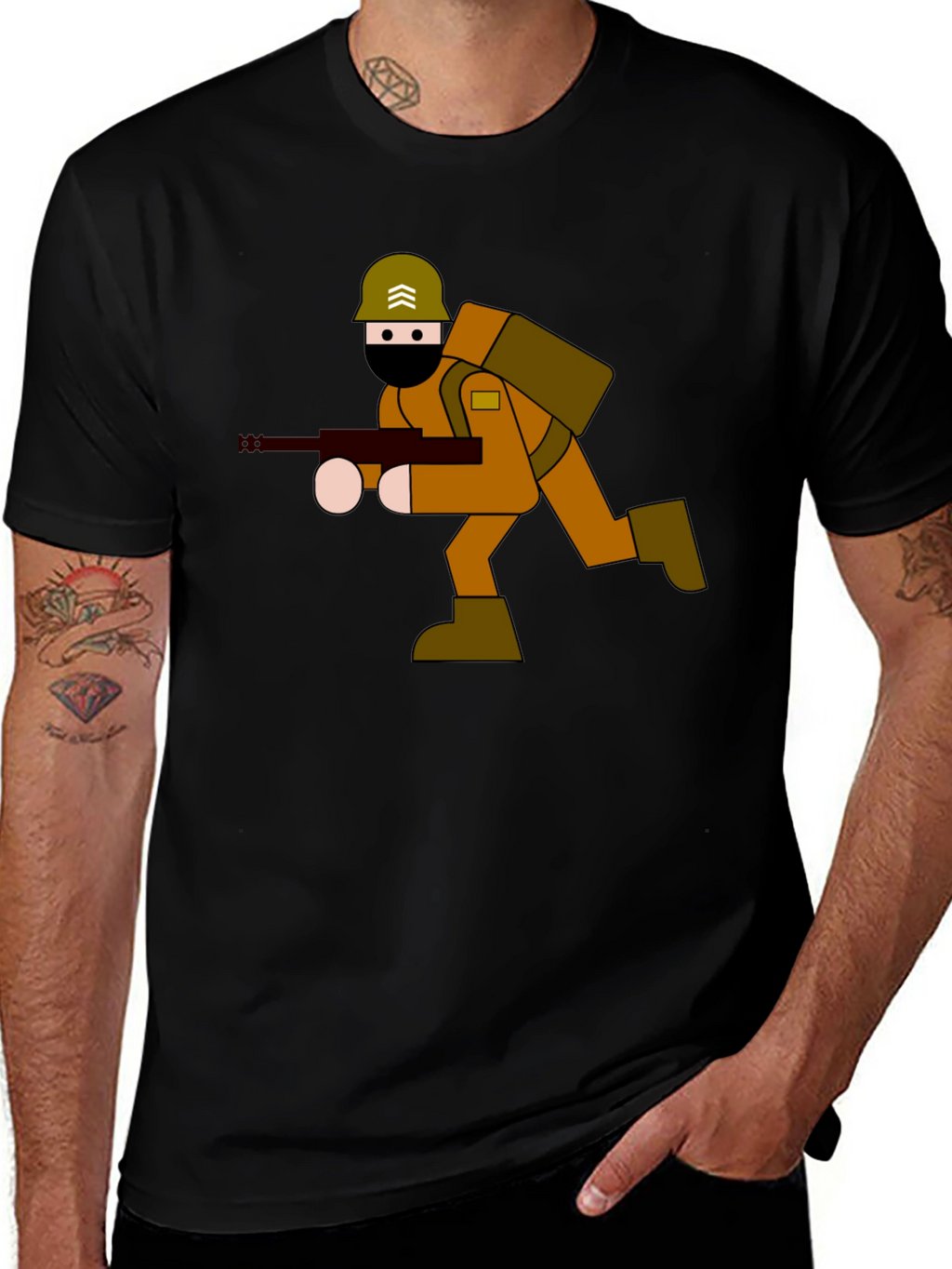 Cartoon Soldier Graphic Tee - Black Cotton Blend