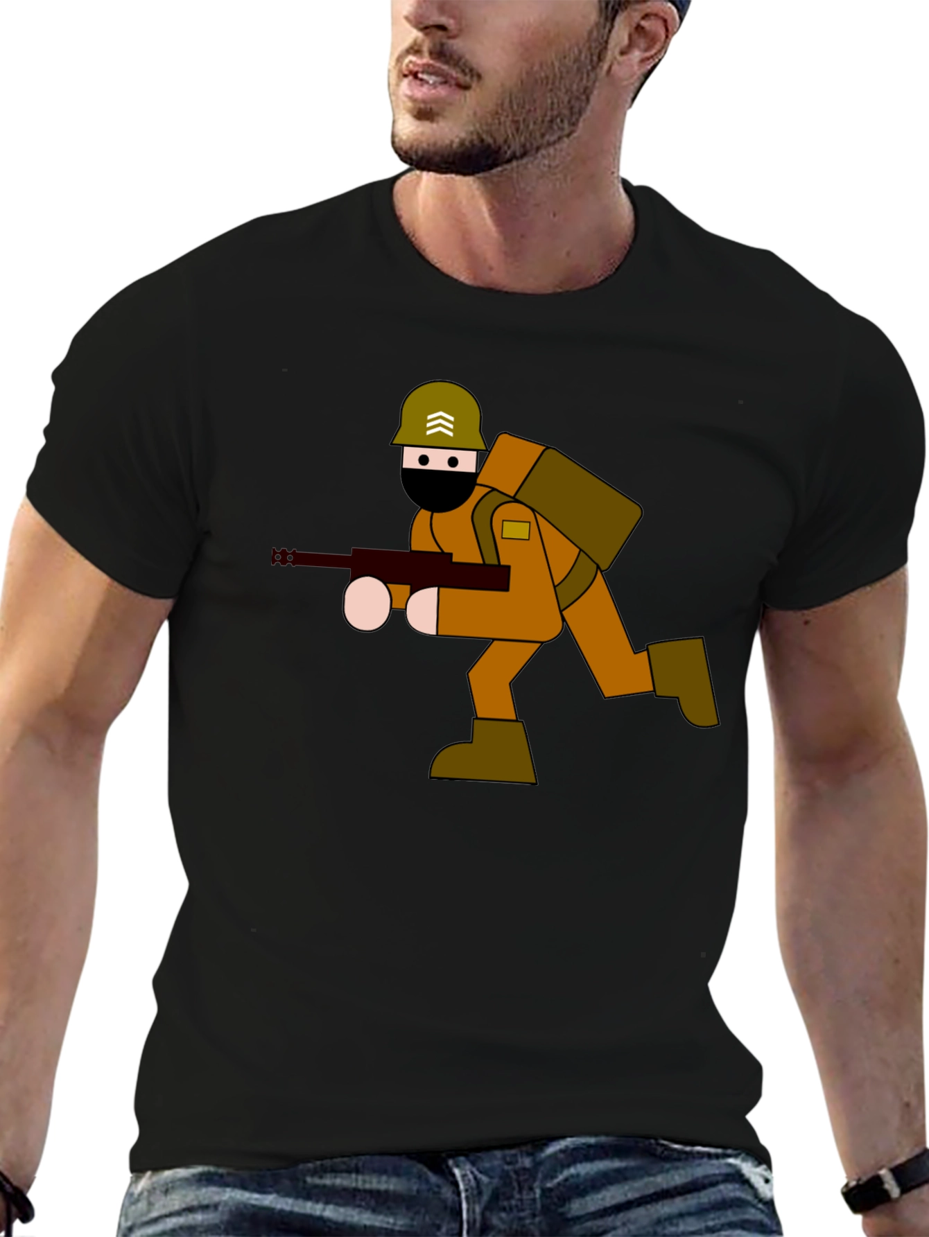 Cartoon Soldier Graphic Tee - Black Cotton Blend