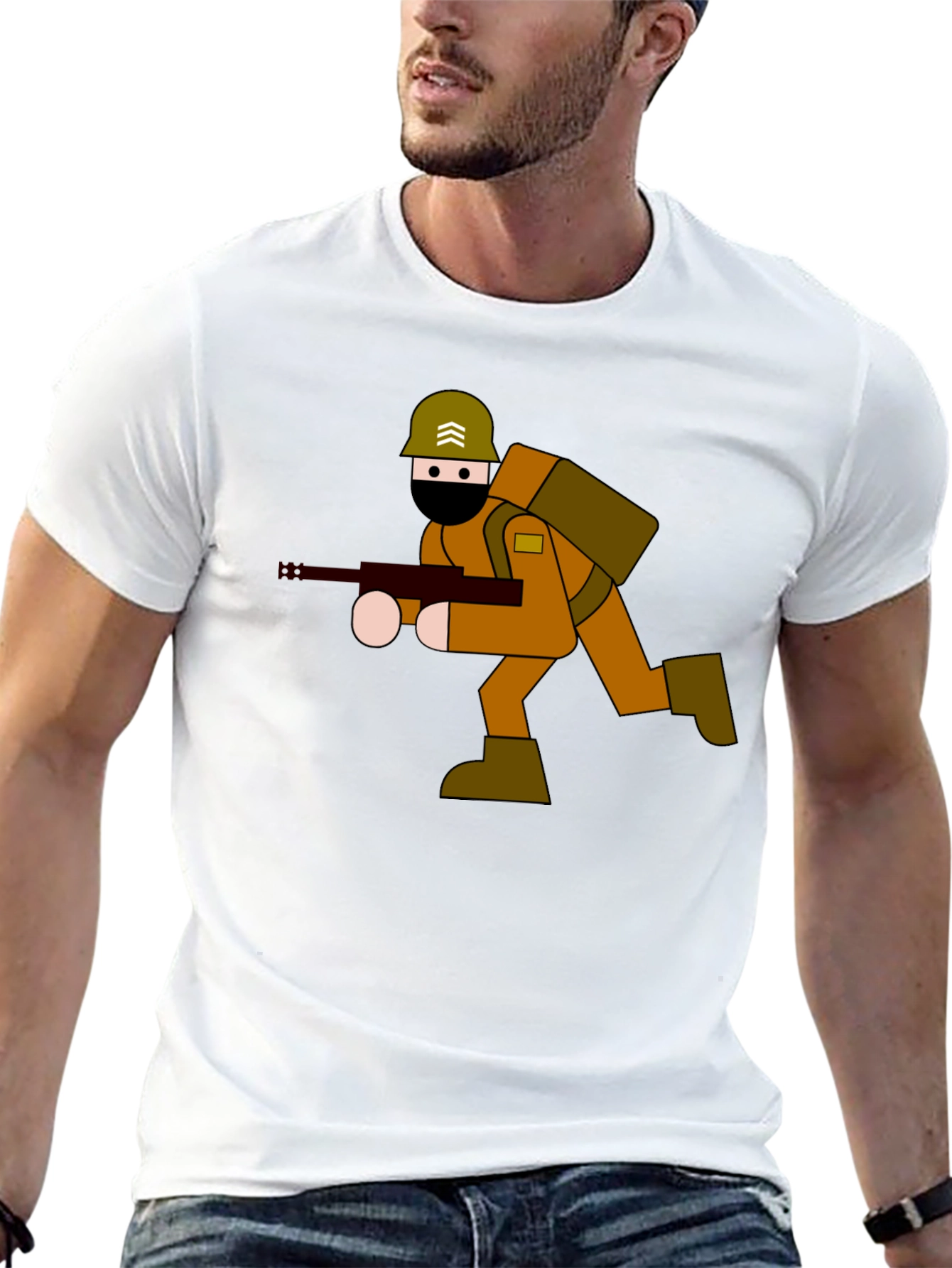 Cartoon Soldier Graphic Tee - Black Cotton Blend