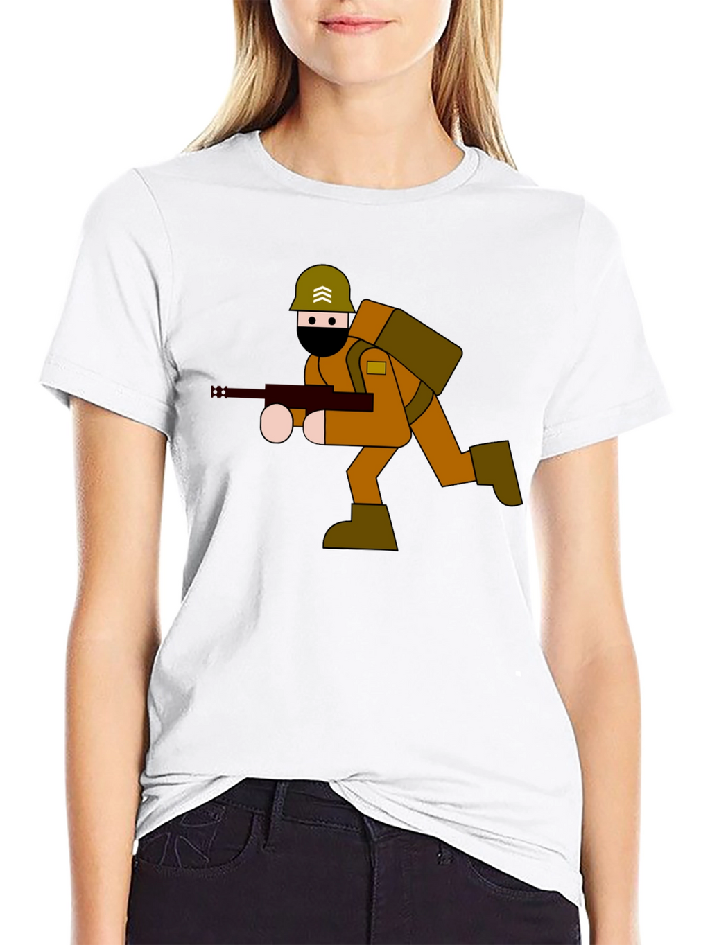 Cartoon Soldier Graphic Tee - Black Cotton Blend
