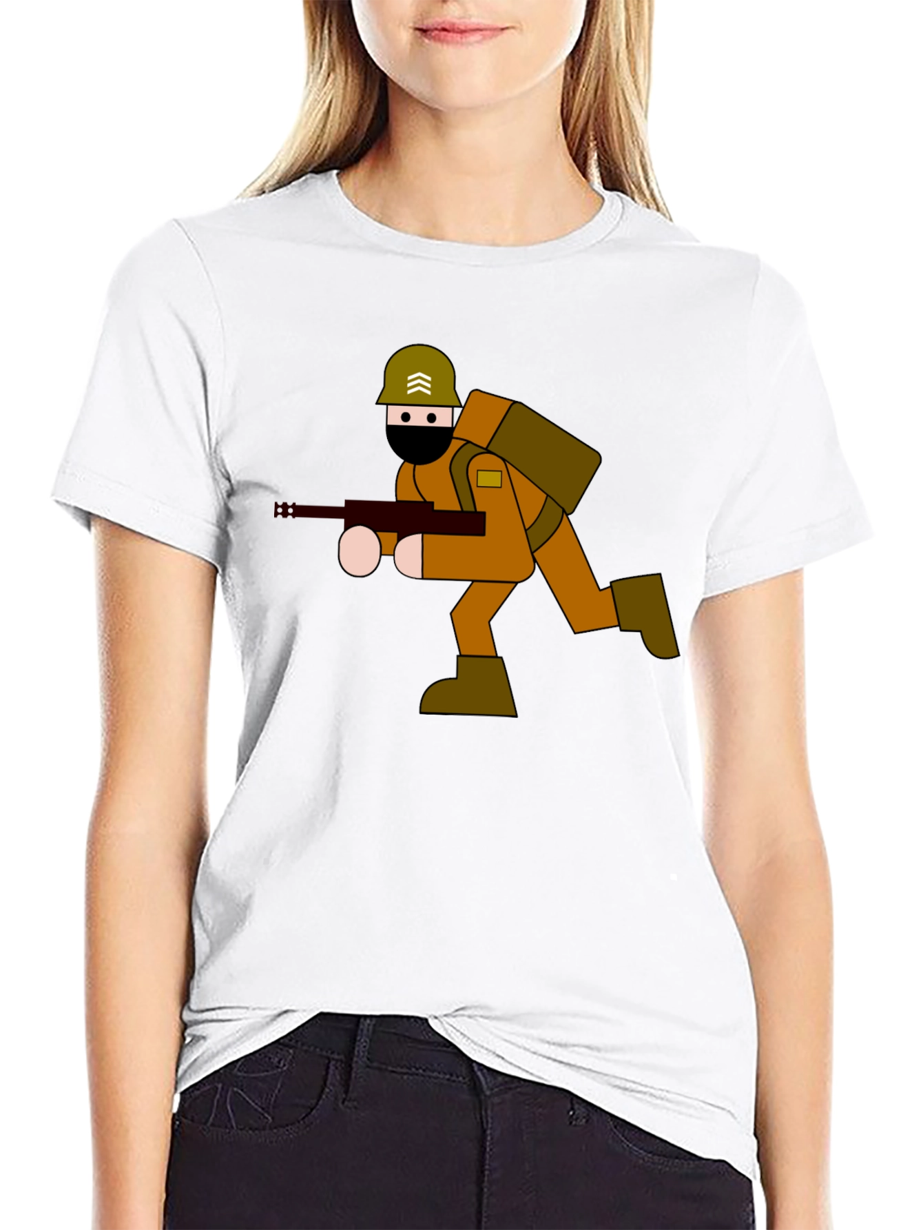 Cartoon Soldier Graphic Tee - Black Cotton Blend