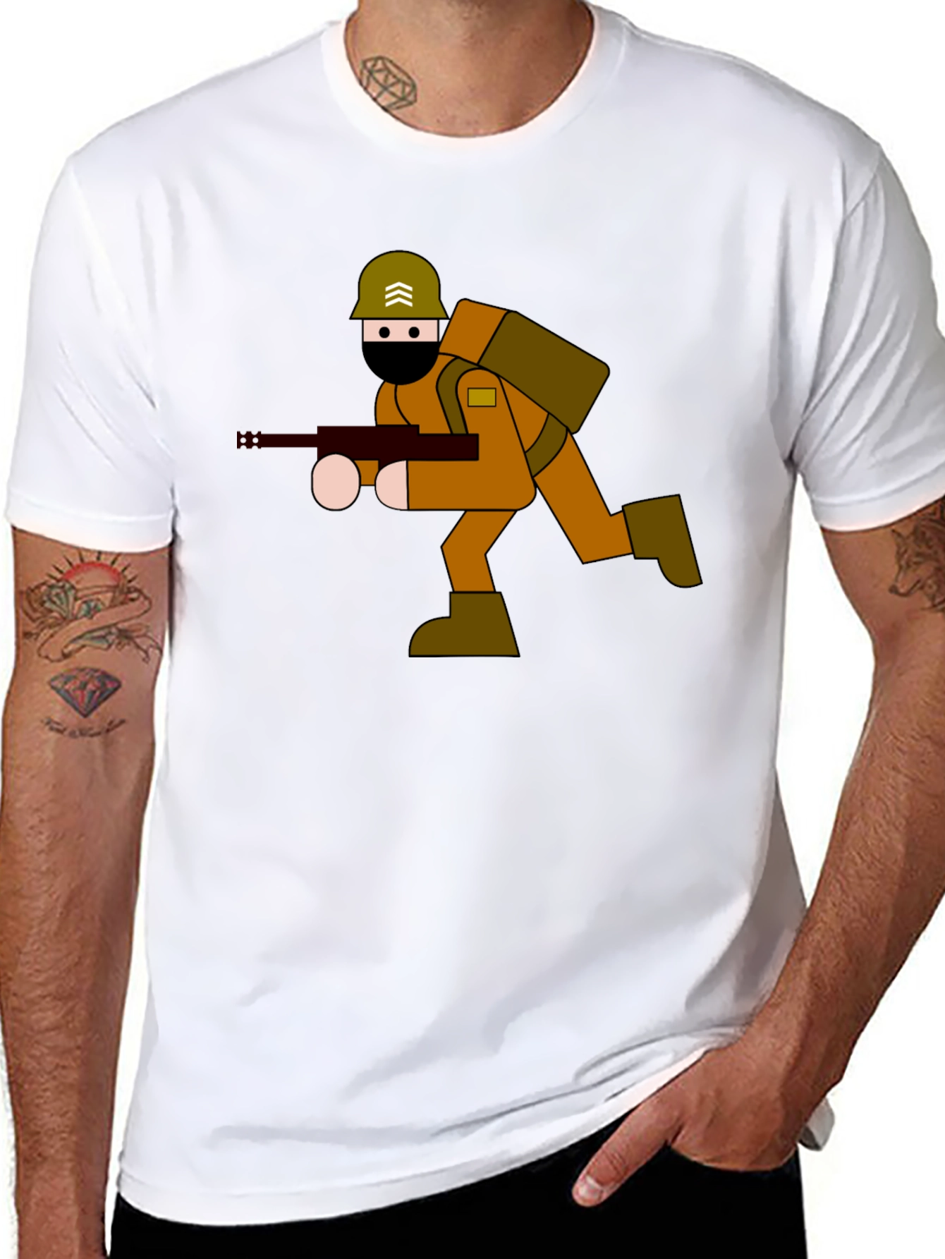 Cartoon Soldier Graphic Tee - Black Cotton Blend