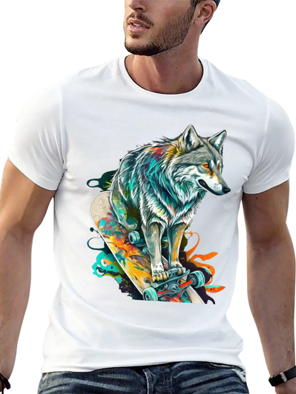 Wolf Skateboard Graphic Tee - Cool Animal Design
