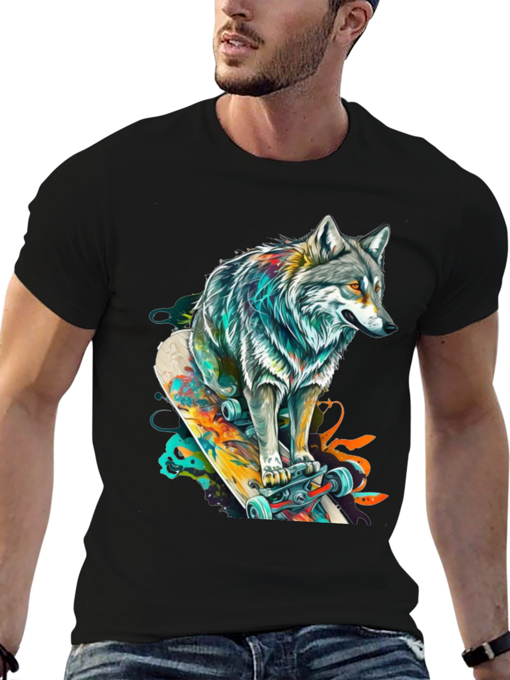 Wolf Skateboard Graphic Tee - Cool Animal Design