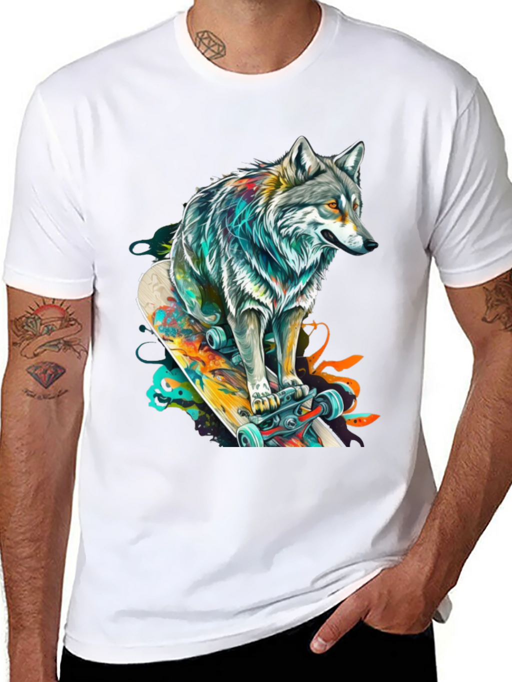 Wolf Skateboard Graphic Tee - Cool Animal Design