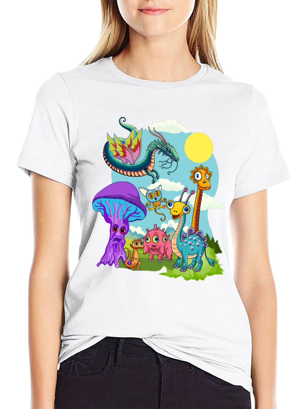 Whimsical Cartoon Creature Black T-Shirt