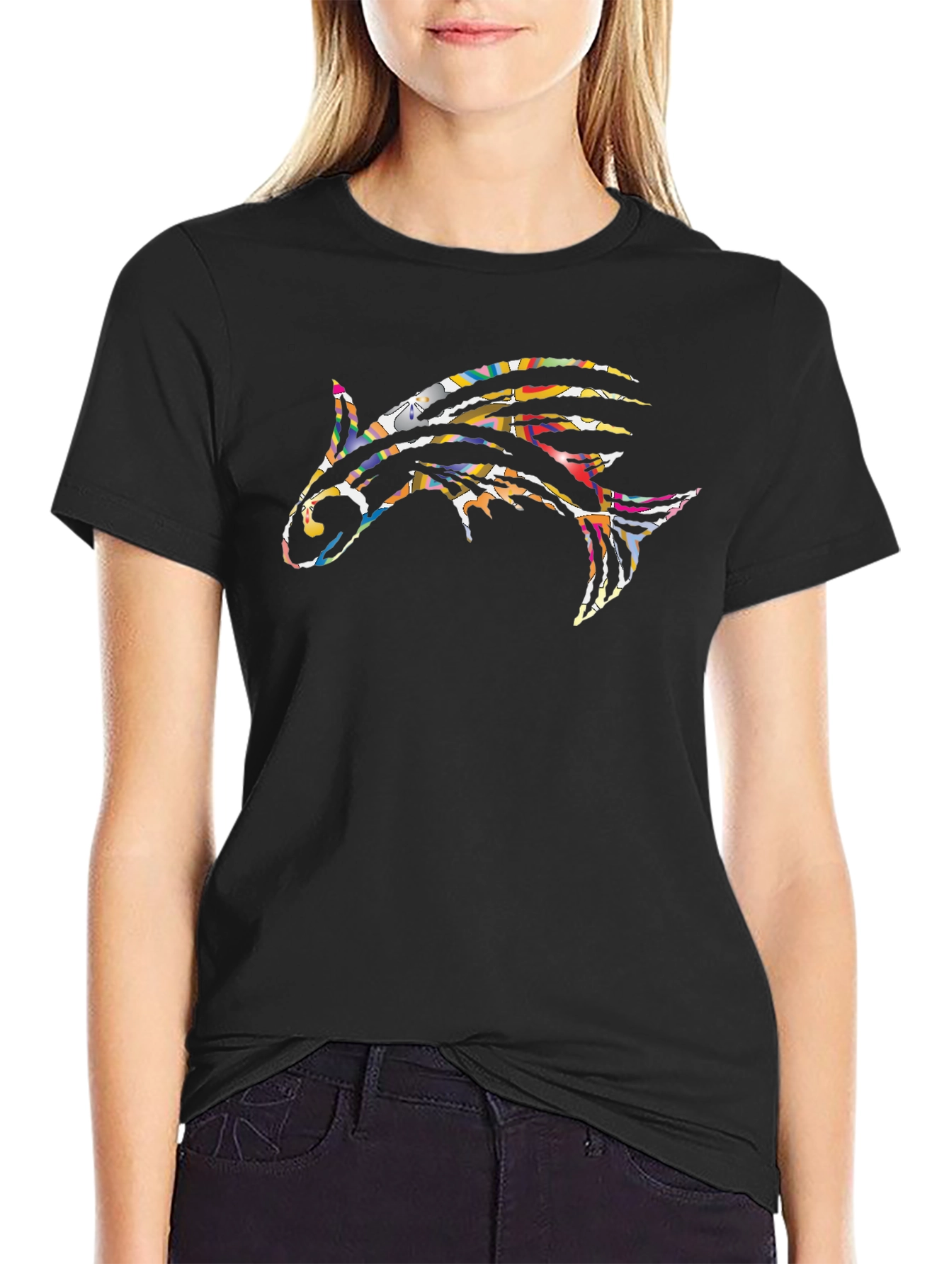 Abstract Fish Graphic Print Black T-Shirt