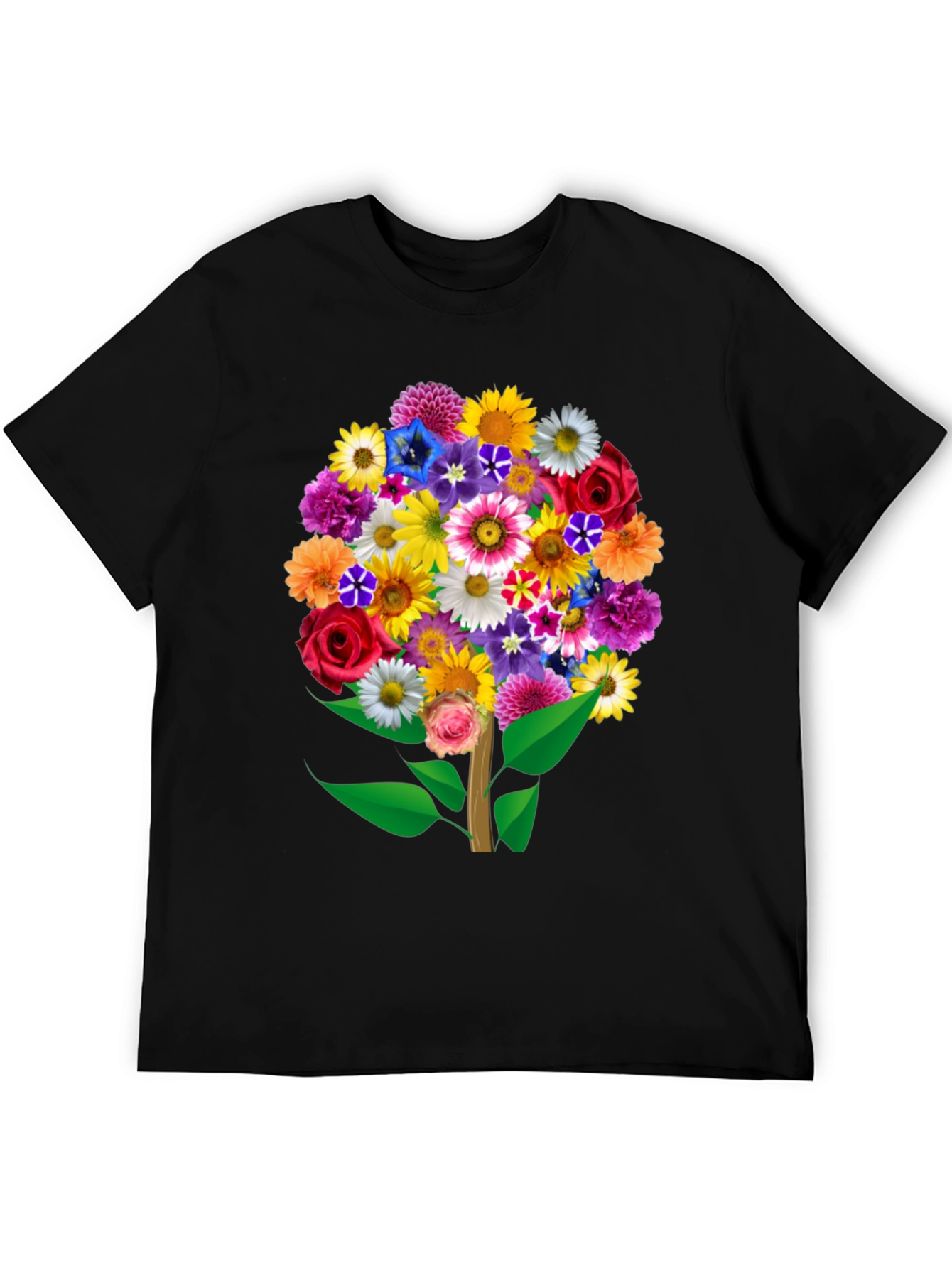 Floral Bouquet Tree Graphic Tee - Black Cotton T-Shirt