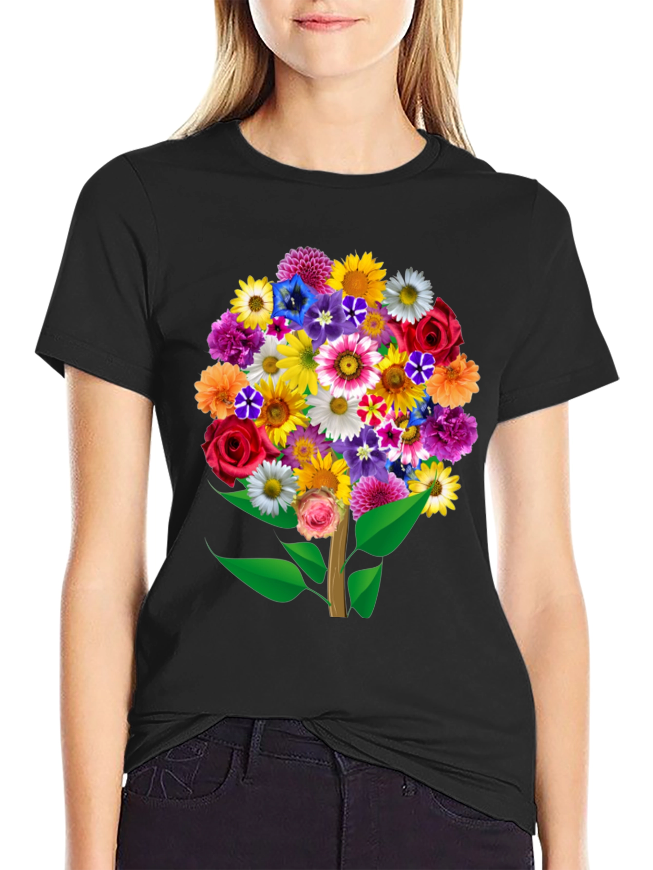 Floral Bouquet Tree Graphic Tee - Black Cotton T-Shirt