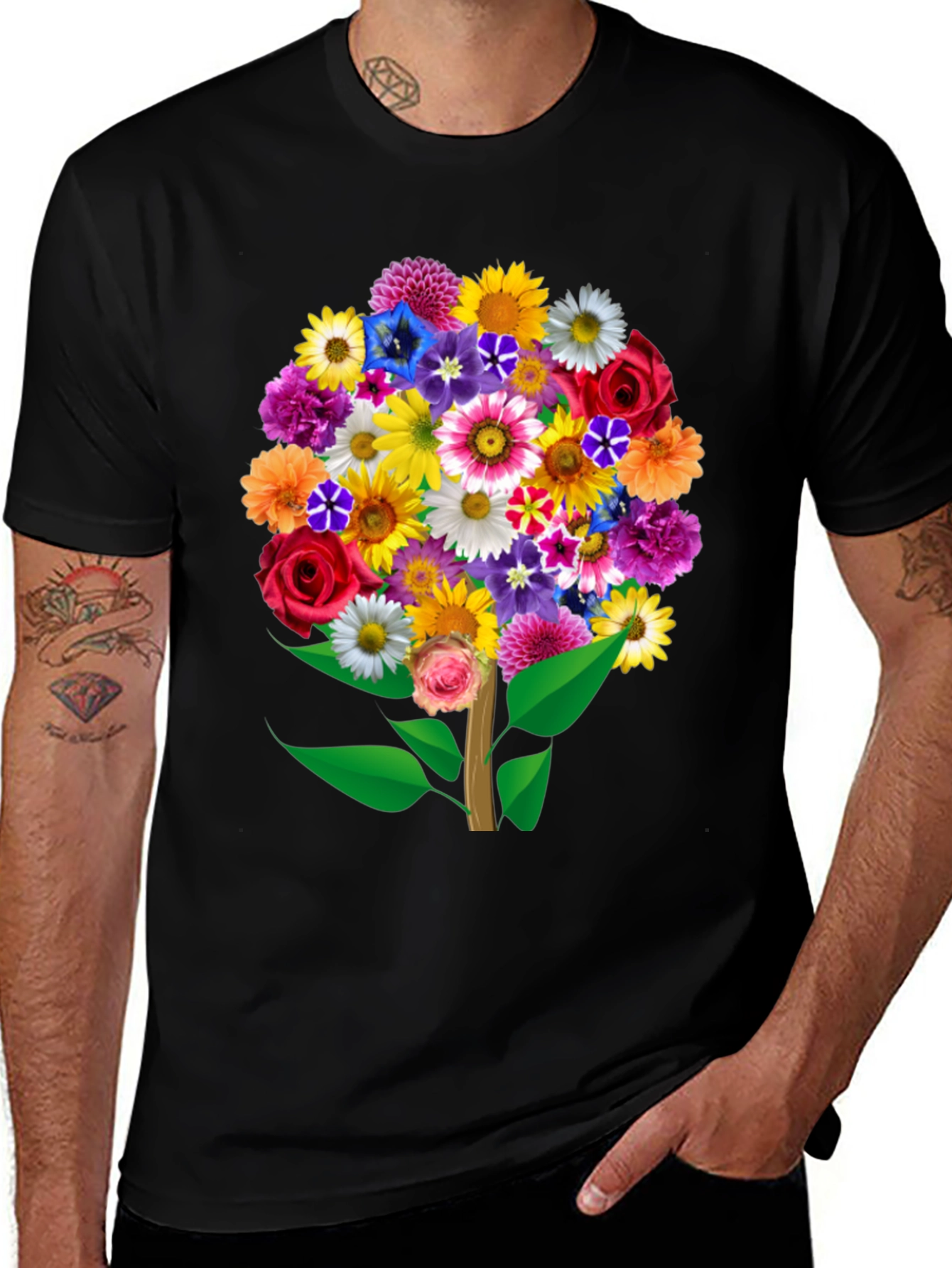 Floral Bouquet Tree Graphic Tee - Black Cotton T-Shirt