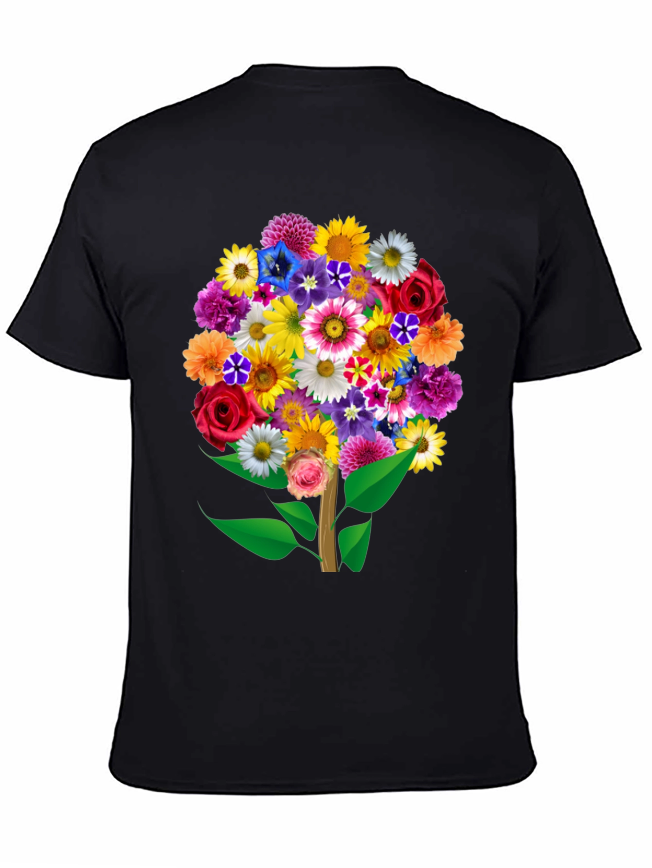 Floral Bouquet Tree Graphic Tee - Black Cotton T-Shirt