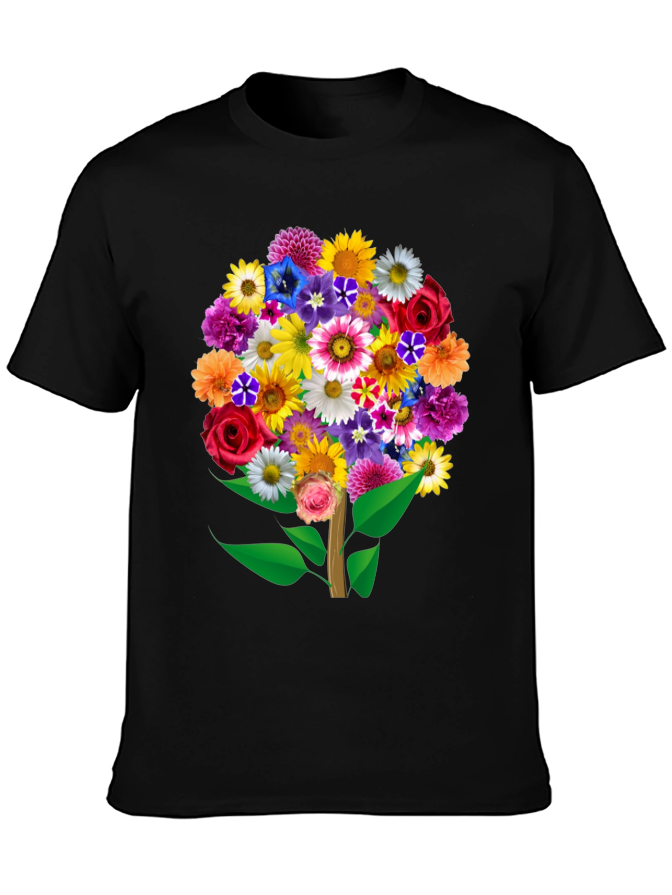 Floral Bouquet Tree Graphic Tee - Black Cotton T-Shirt