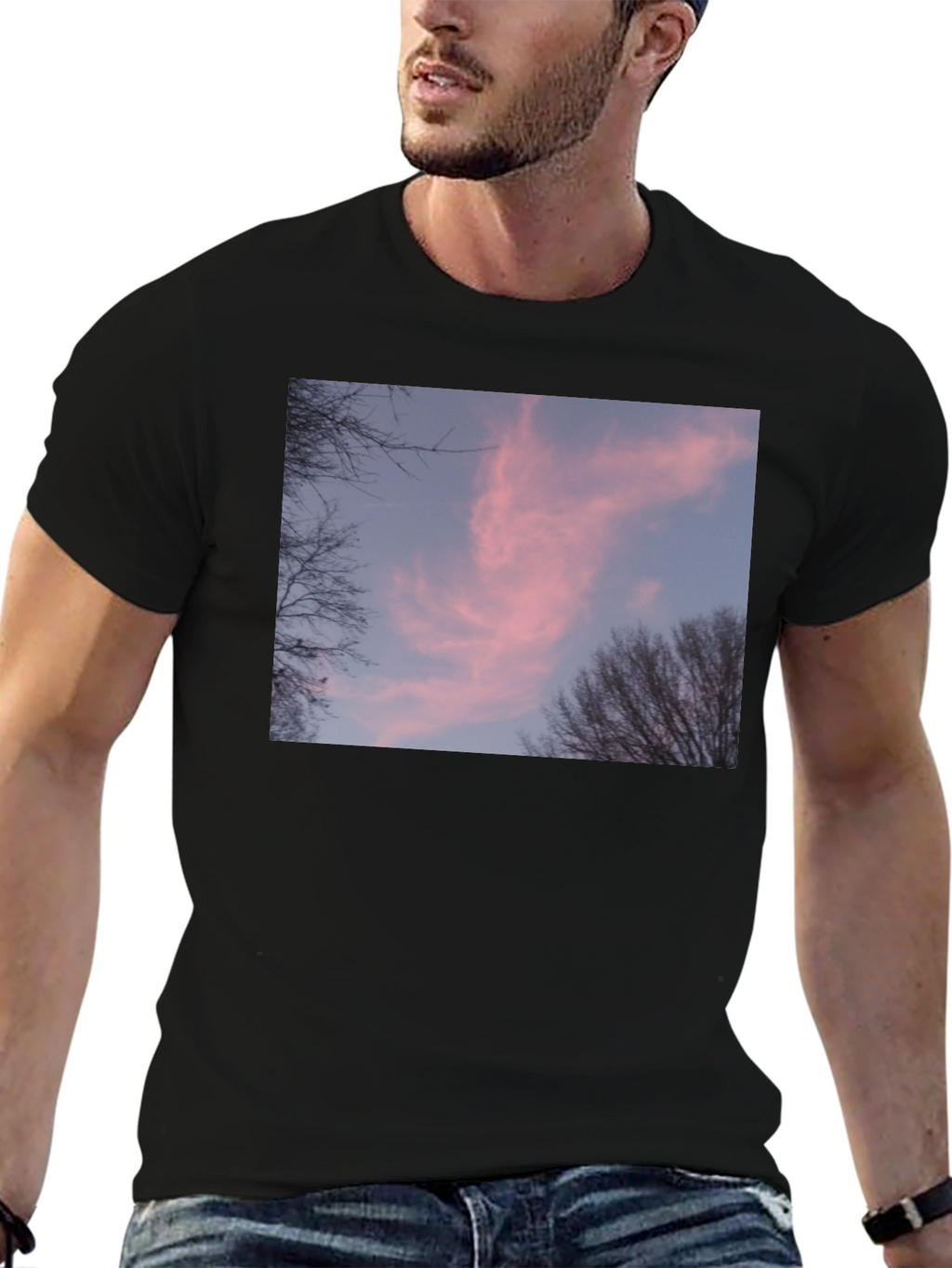 Pink Sunset Sky Graphic Black Tee Shirt