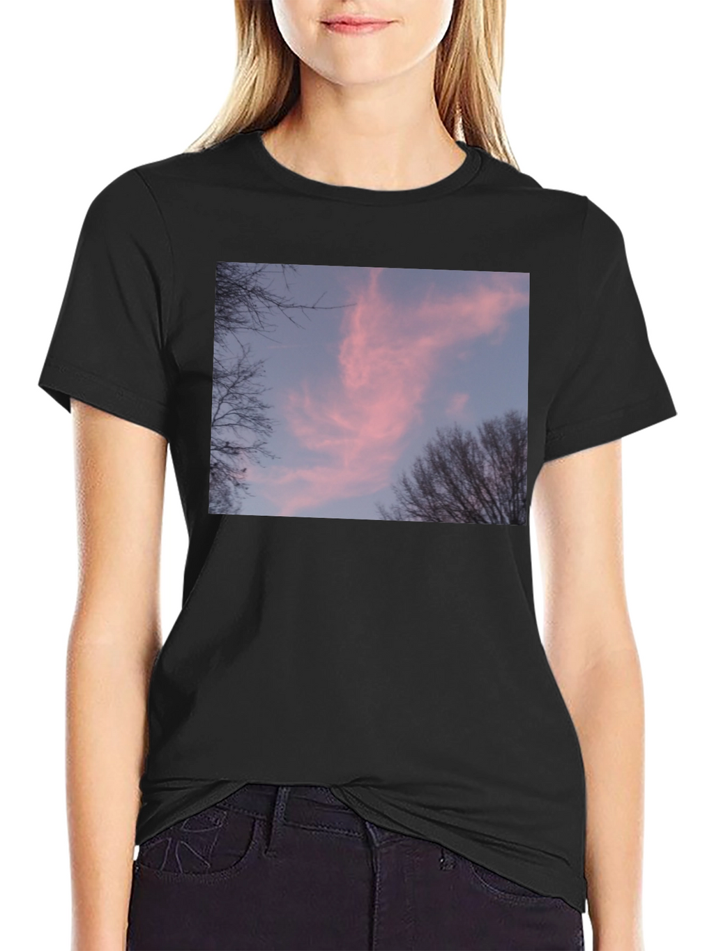 Pink Sunset Sky Graphic Black Tee Shirt