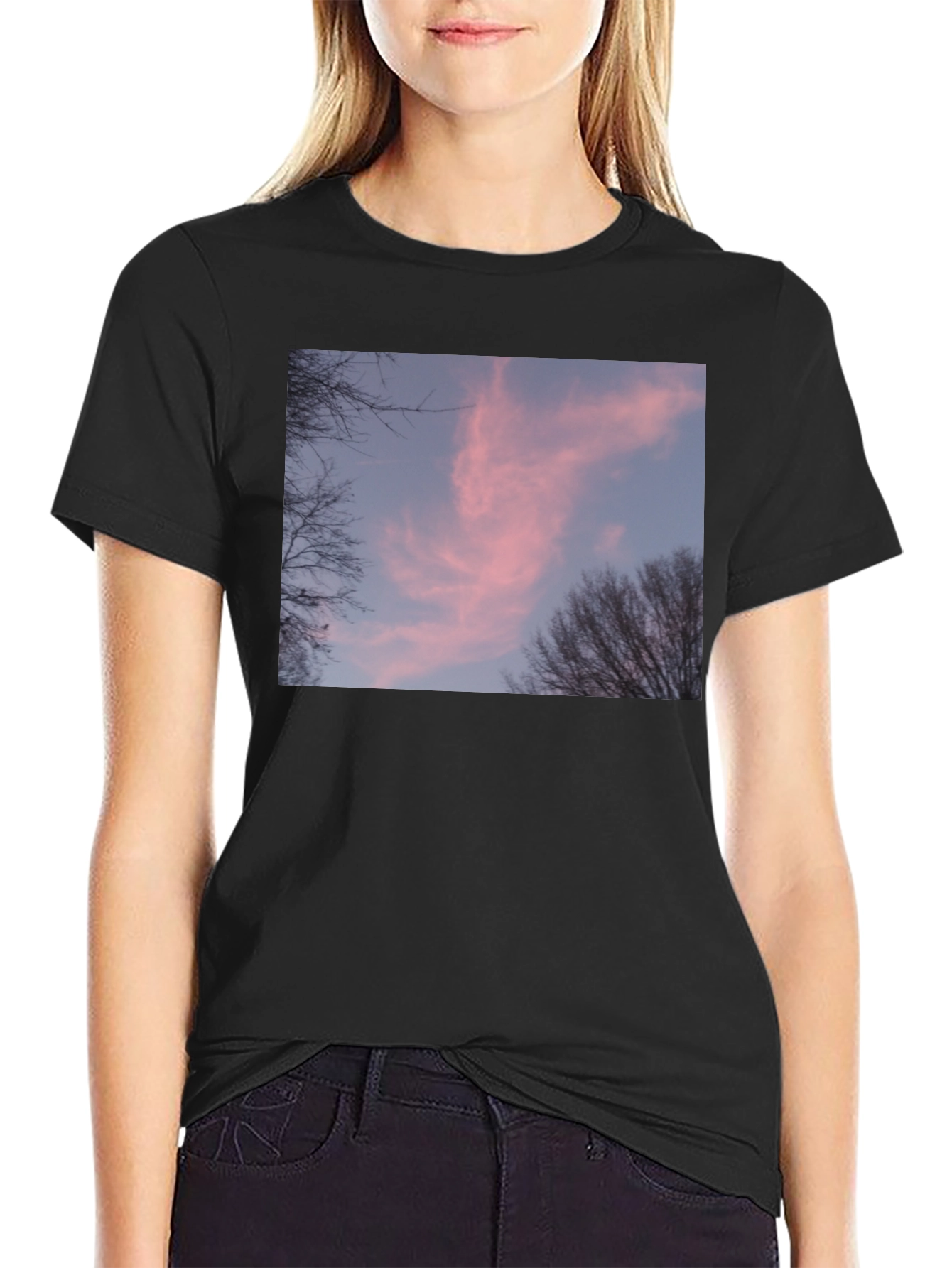Pink Sunset Sky Graphic Black Tee Shirt