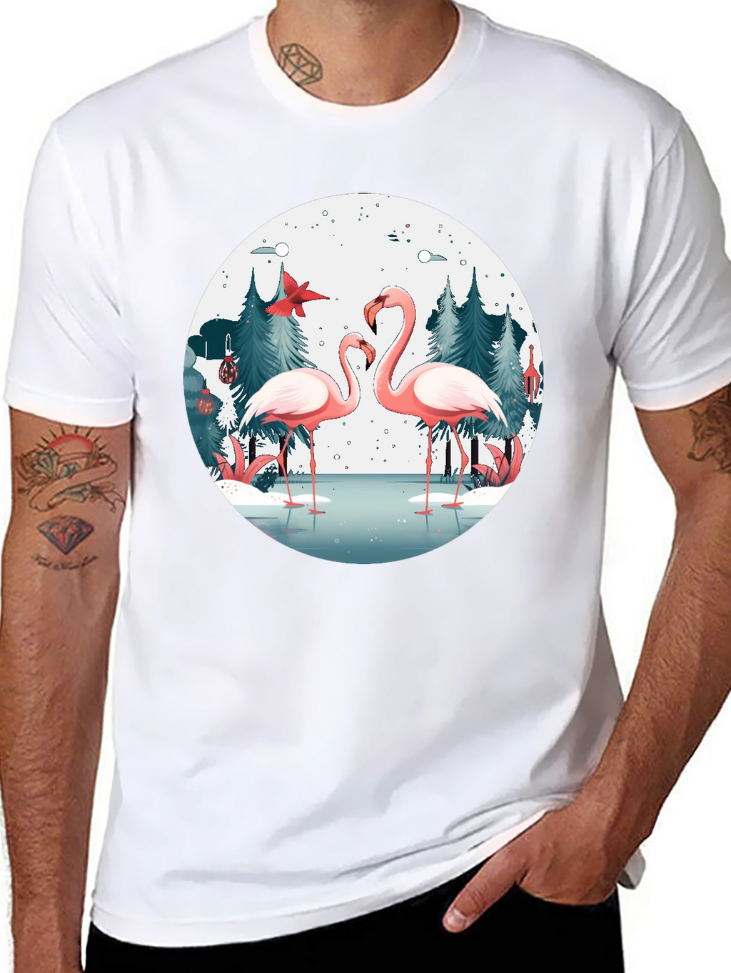 Flamingo Winter Scene Graphic T-Shirt