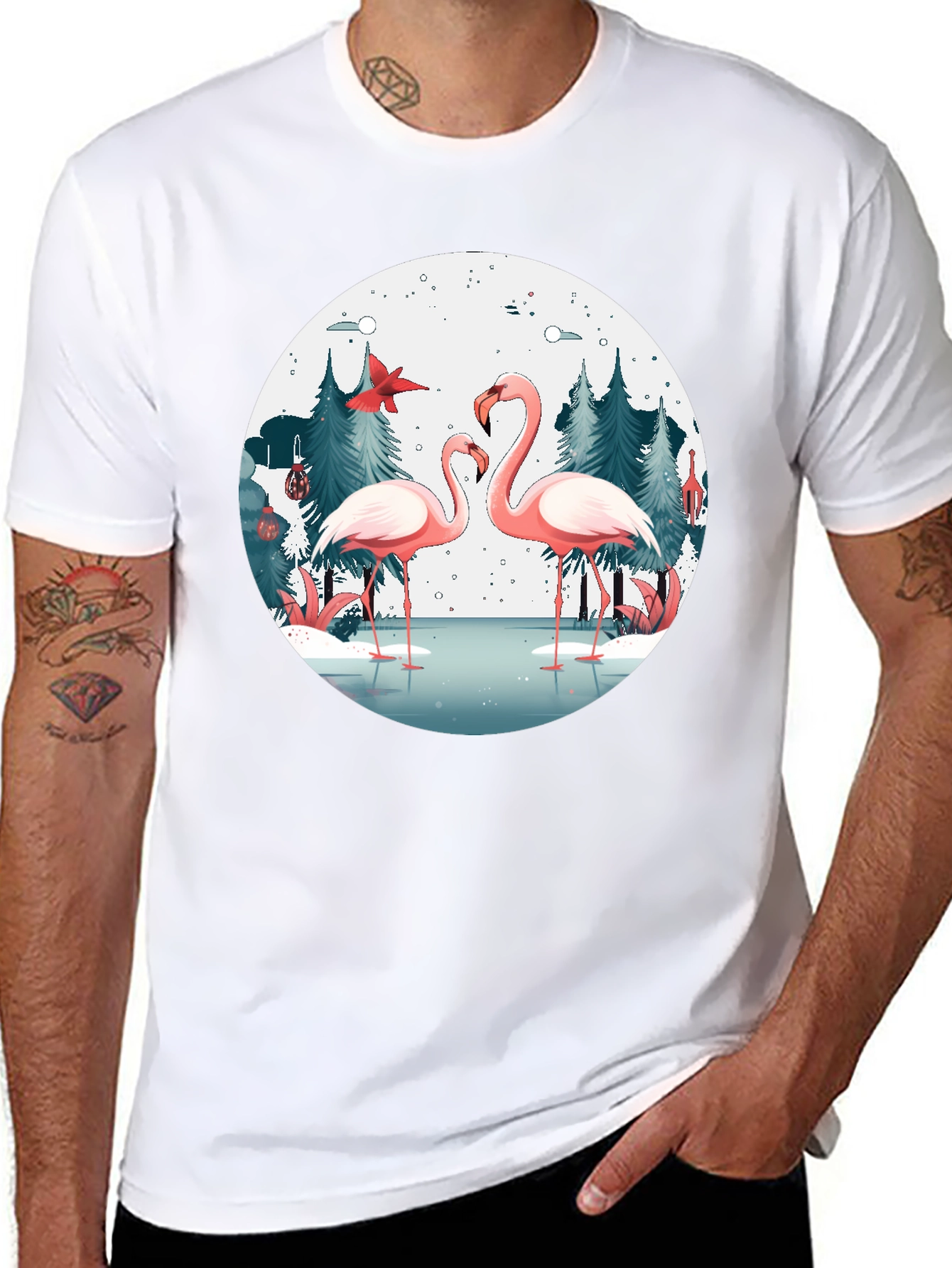 Flamingo Winter Scene Graphic T-Shirt